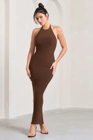 Kirsten | Chocolate Sleeveless Halter-Neck Open-Back Knot Maxi Dress Club L London