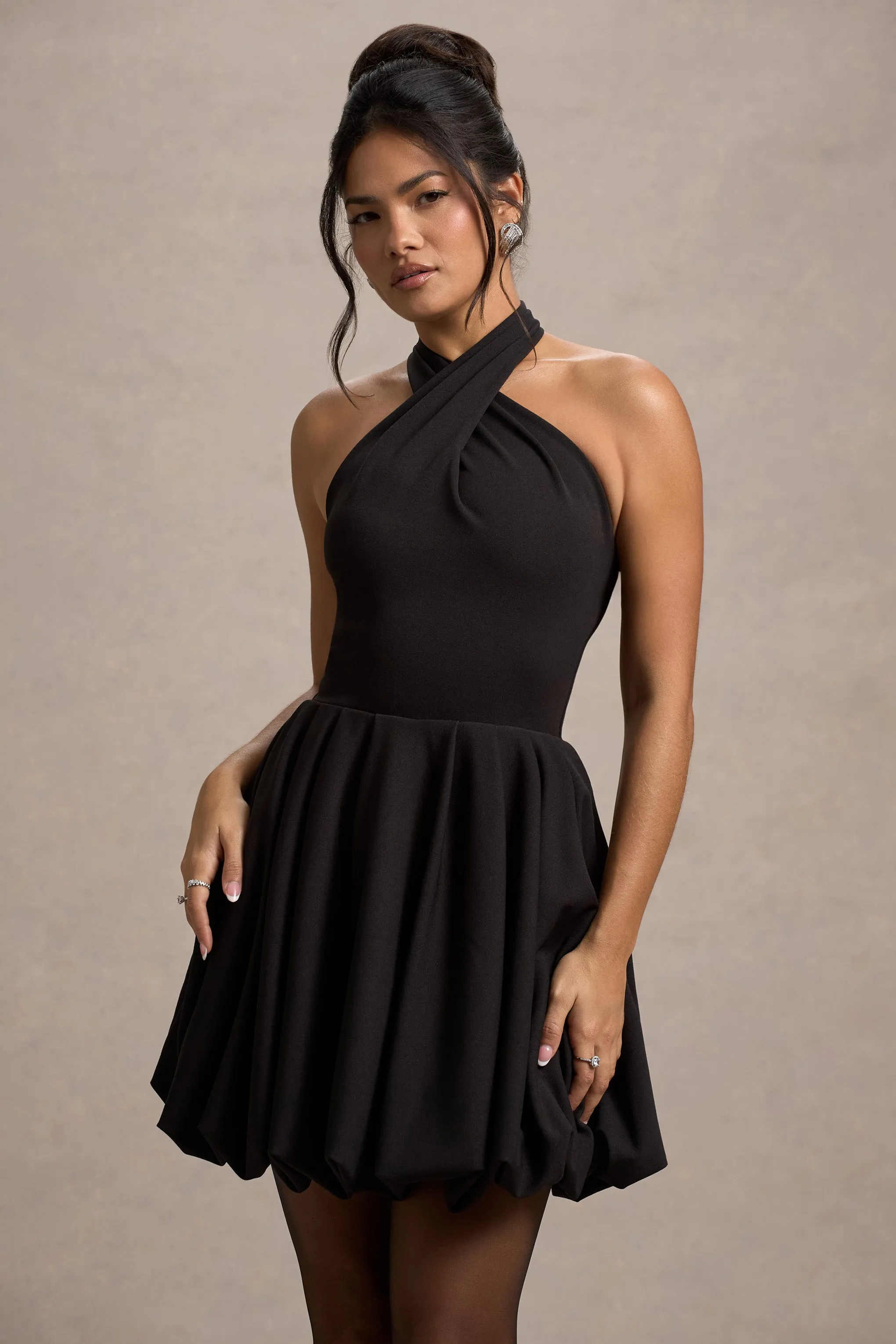 Klytie | Black Halter-Neck Mini Dress With Puff-Ball Skirt Club L London