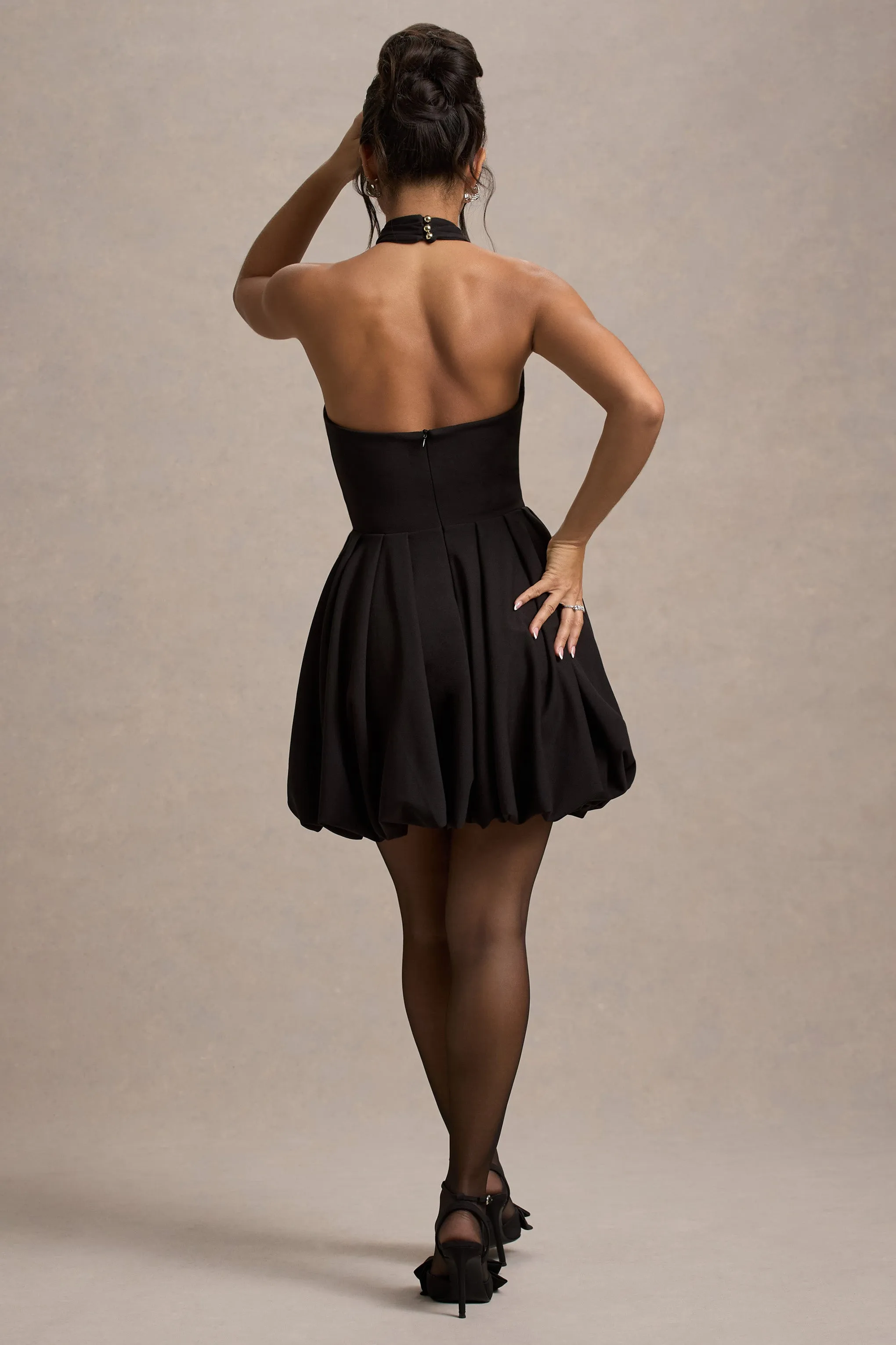 Klytie | Black Halter-Neck Mini Dress With Puff-Ball Skirt Club L London