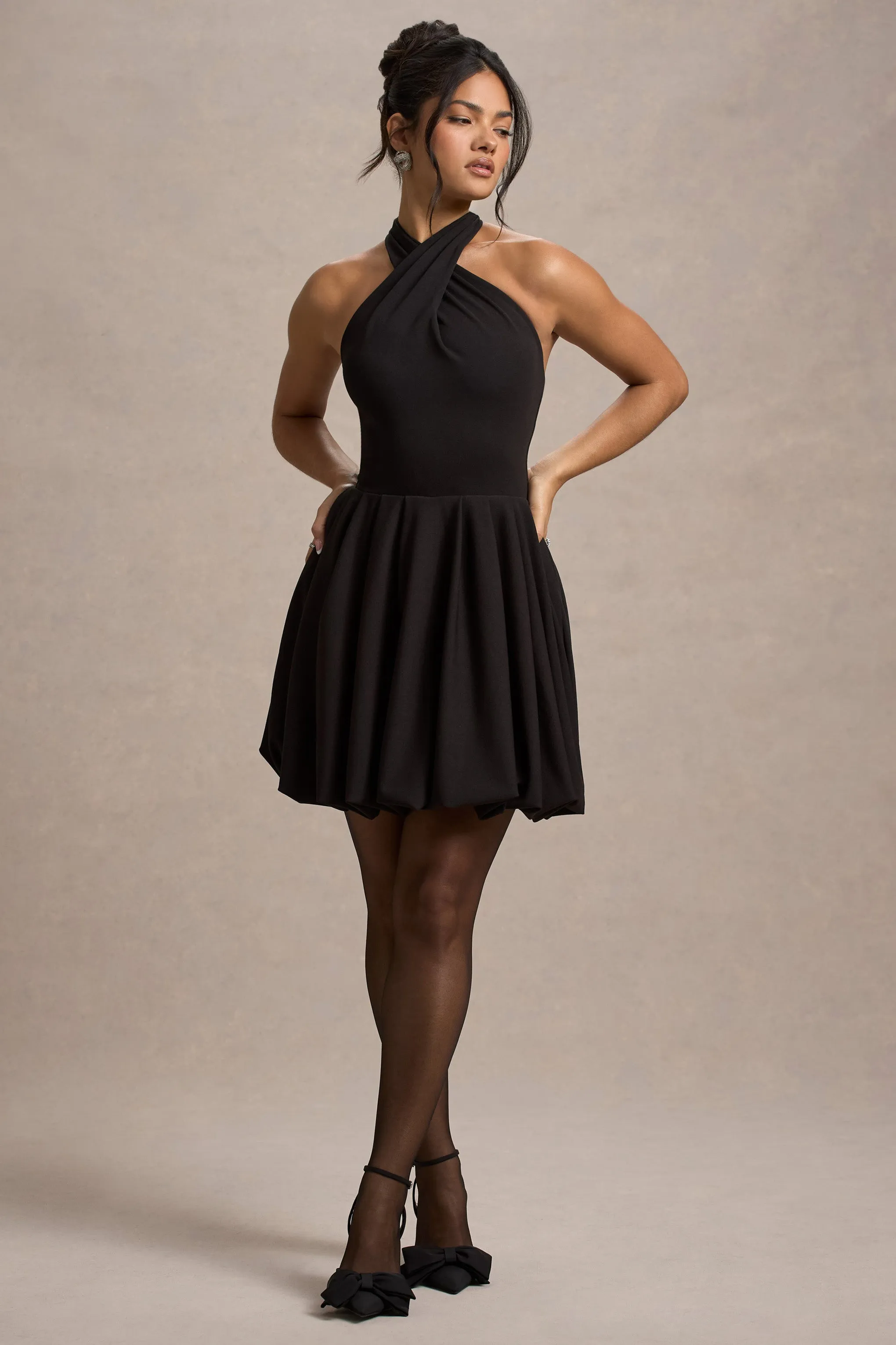 Klytie | Black Halter-Neck Mini Dress With Puff-Ball Skirt Club L London