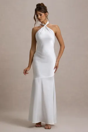Knox | White Satin Knot Halter-Neck Maxi Dress Club L London