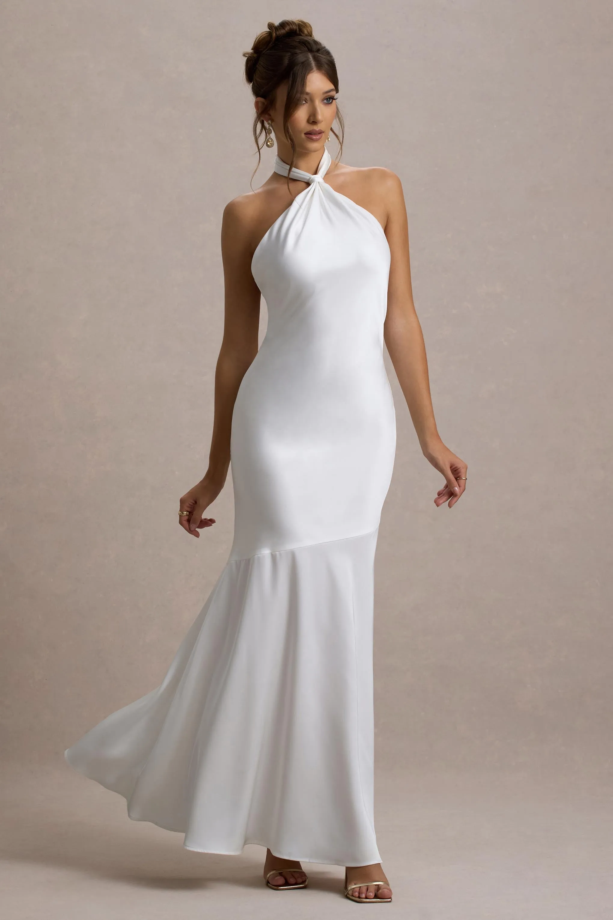 Knox | White Satin Knot Halter-Neck Maxi Dress Club L London