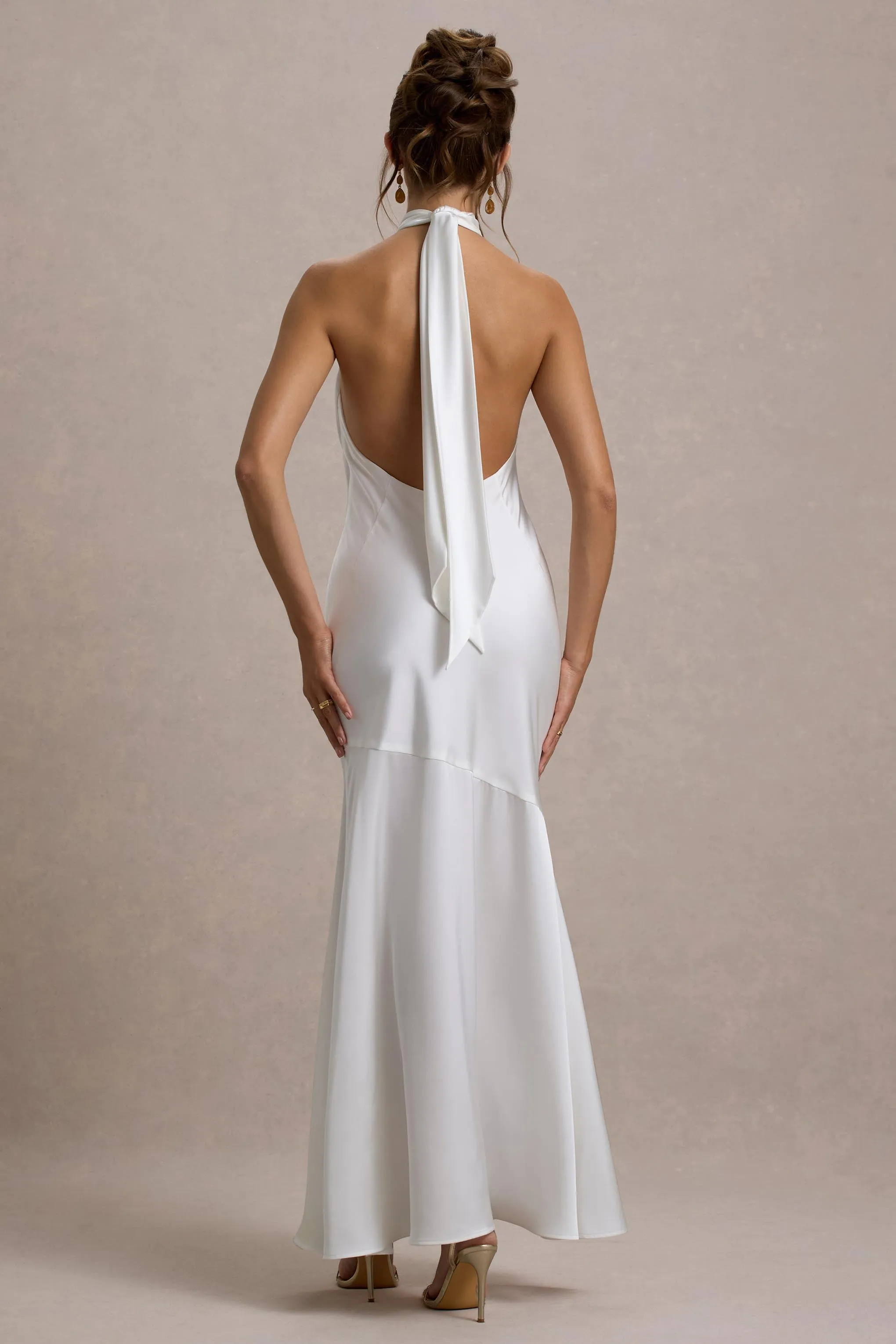 Knox | White Satin Knot Halter-Neck Maxi Dress Club L London