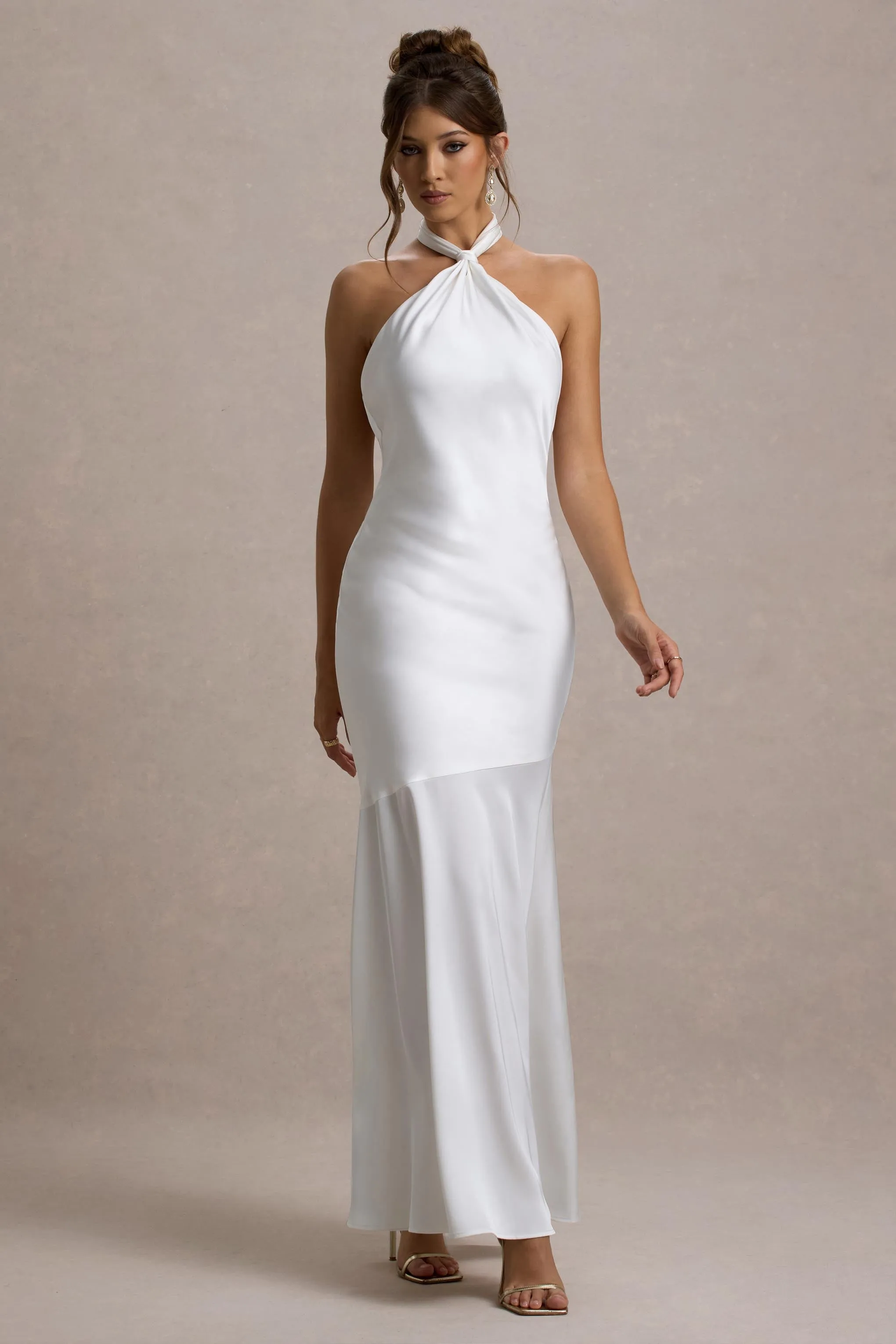 Knox | White Satin Knot Halter-Neck Maxi Dress Club L London