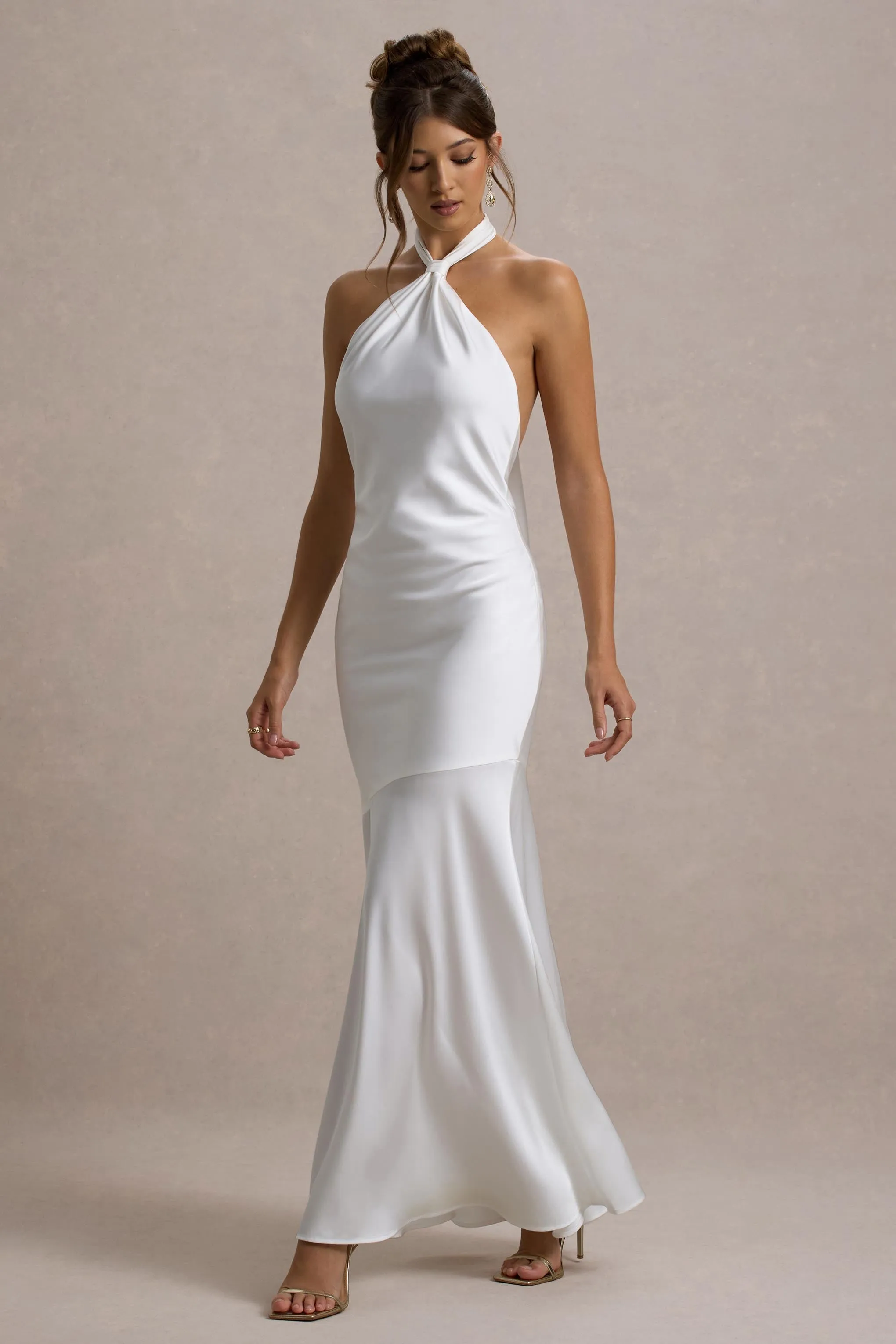 Knox | White Satin Knot Halter-Neck Maxi Dress Club L London