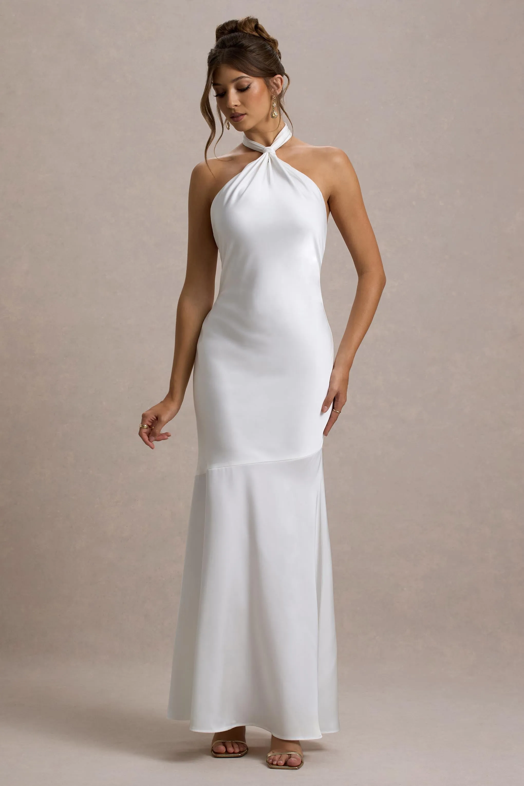 Knox | White Satin Knot Halter-Neck Maxi Dress Club L London