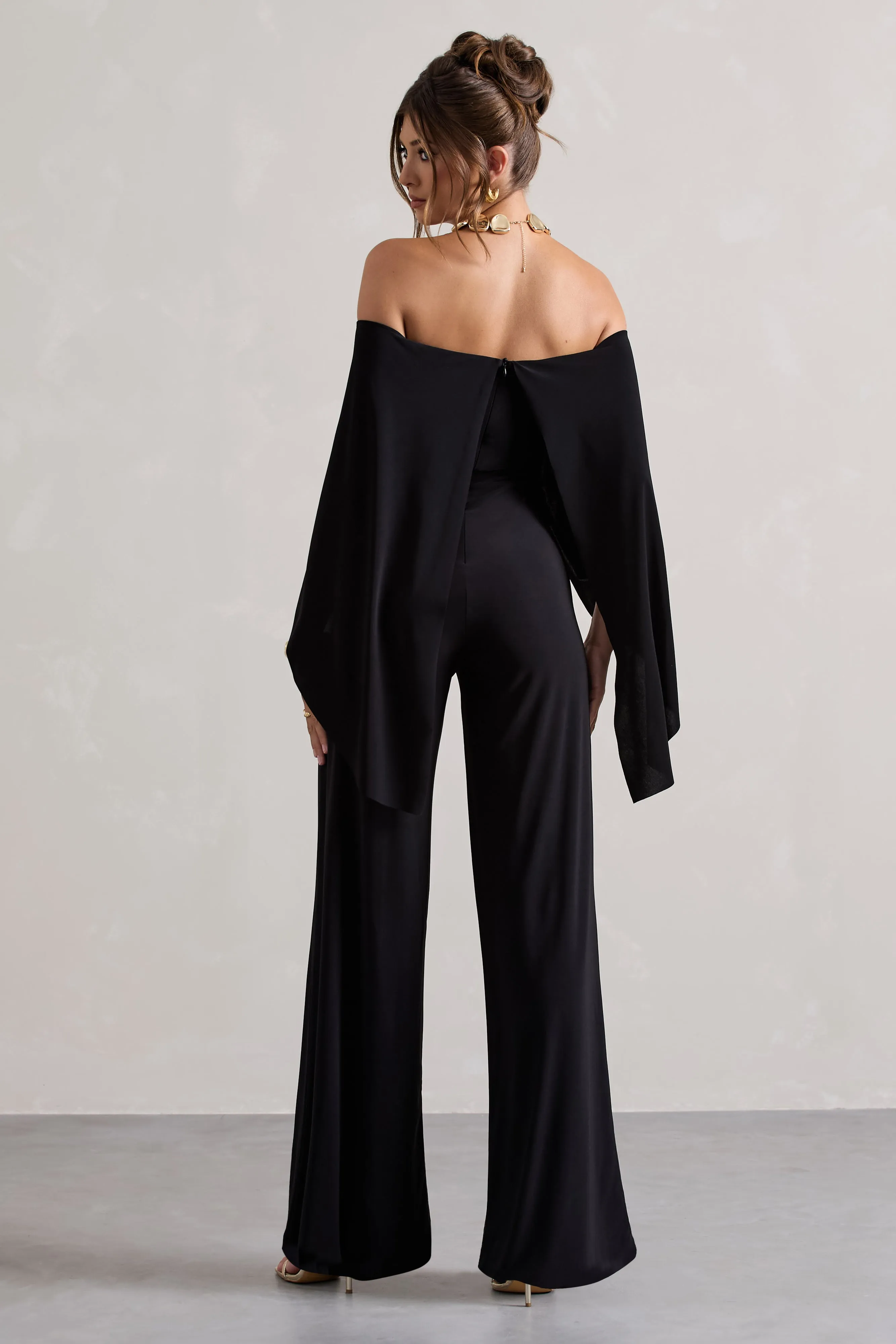 Kori | Black Bardot Wide-Leg Jumpsuit With Cape Club L London