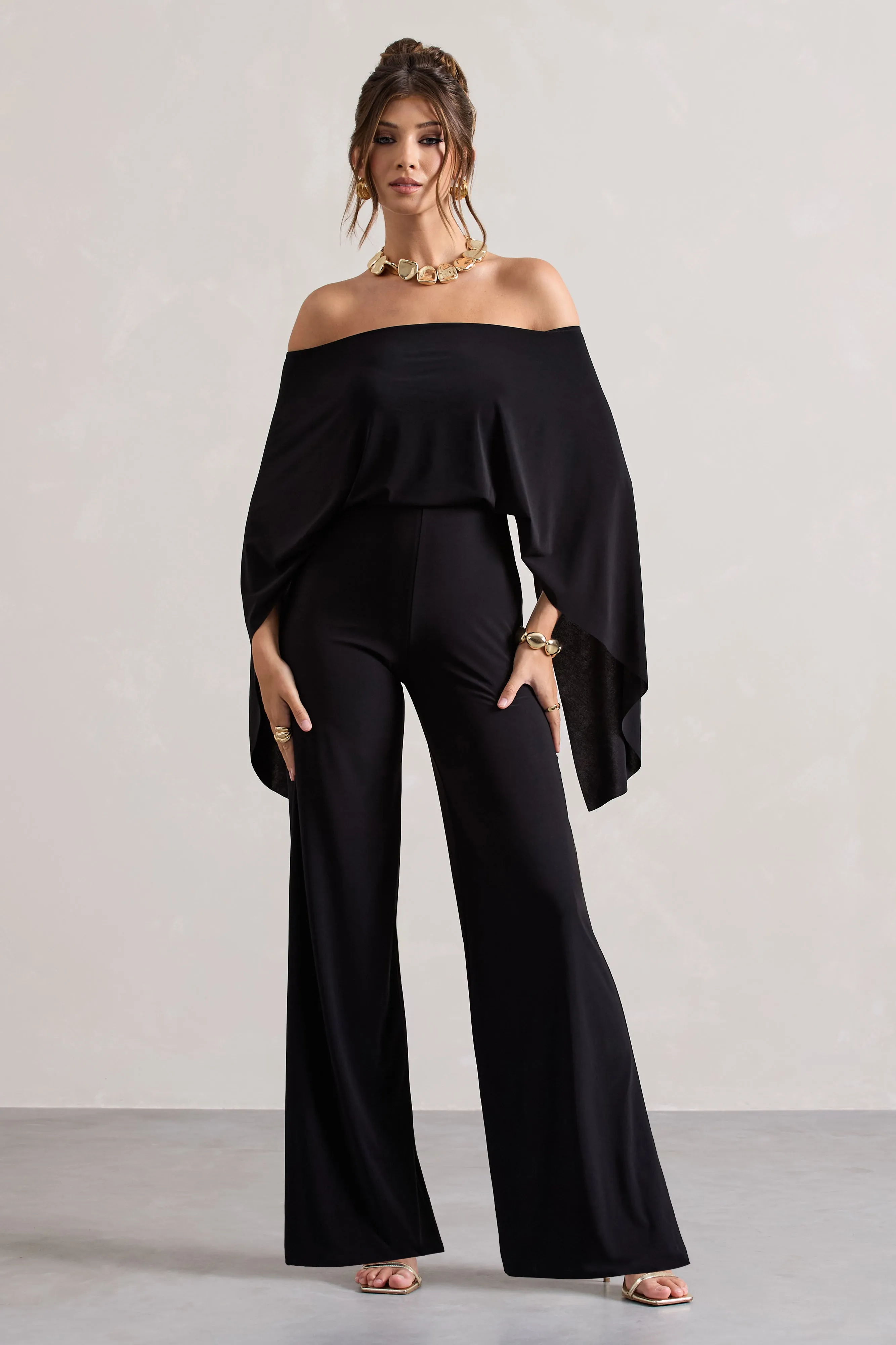 Kori | Black Bardot Wide-Leg Jumpsuit With Cape Club L London