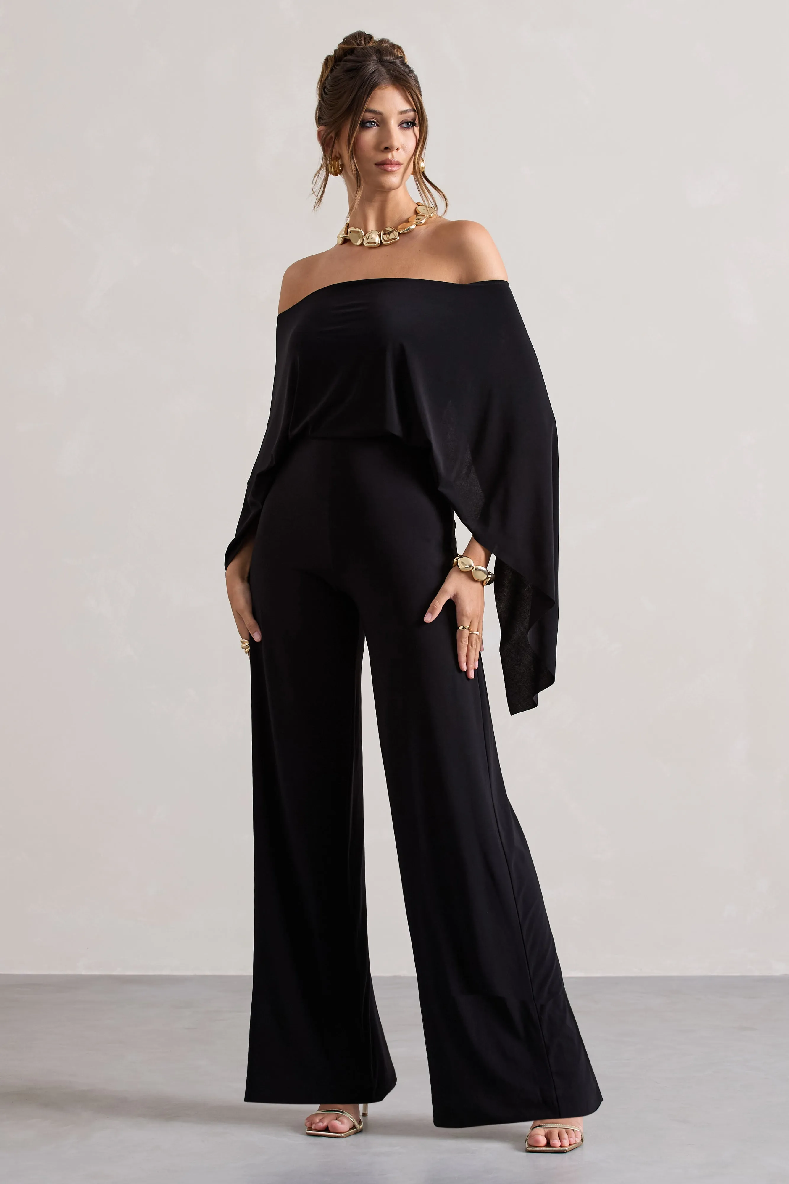 Kori | Black Bardot Wide-Leg Jumpsuit With Cape Club L London