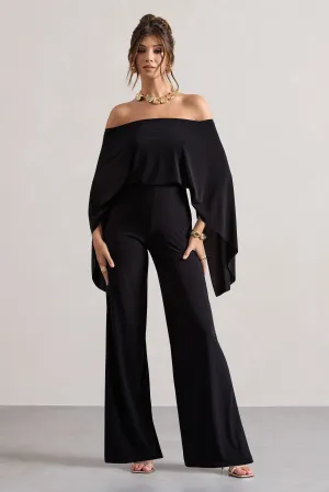 Kori | Black Bardot Wide-Leg Jumpsuit With Cape Club L London