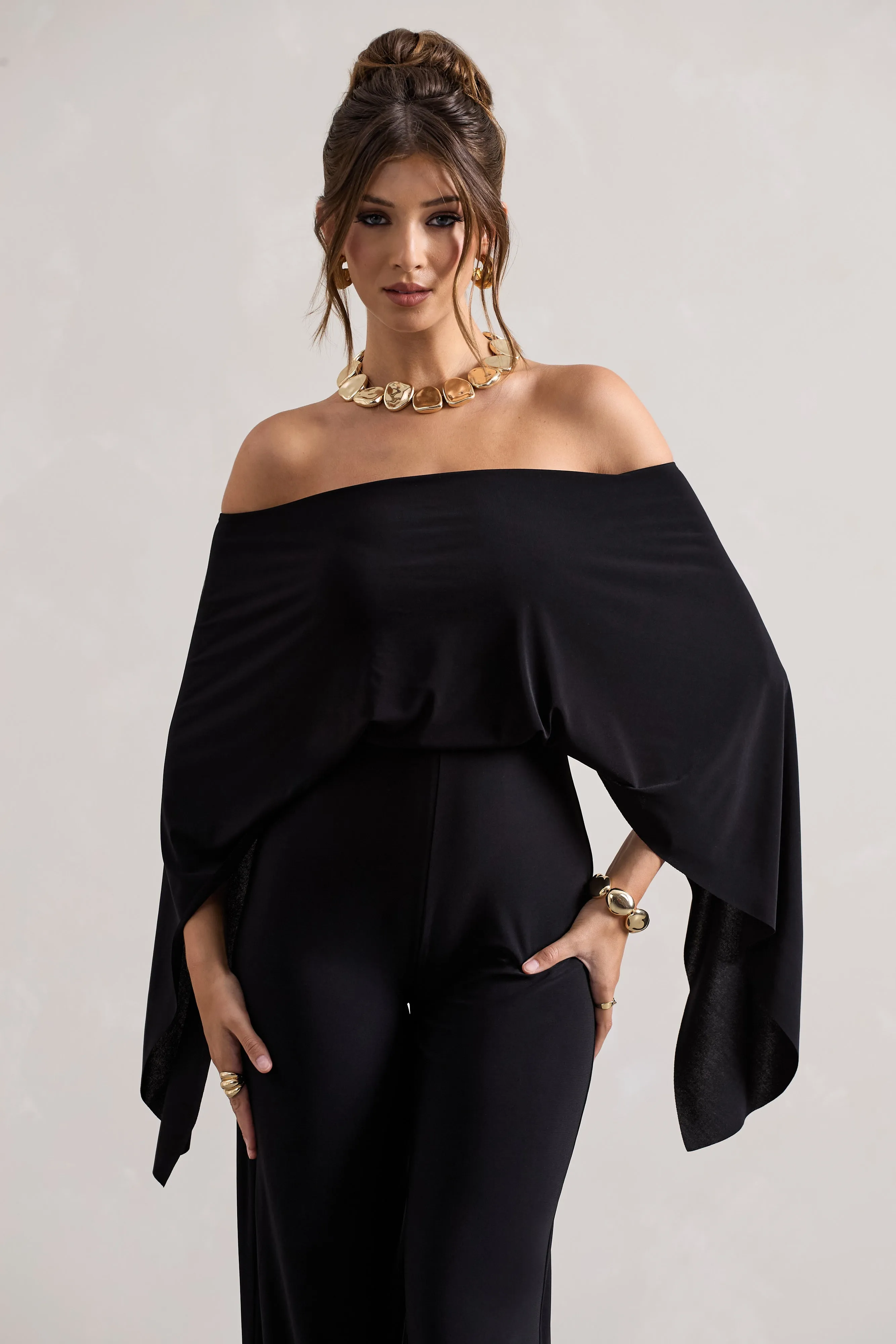Kori | Black Bardot Wide-Leg Jumpsuit With Cape Club L London