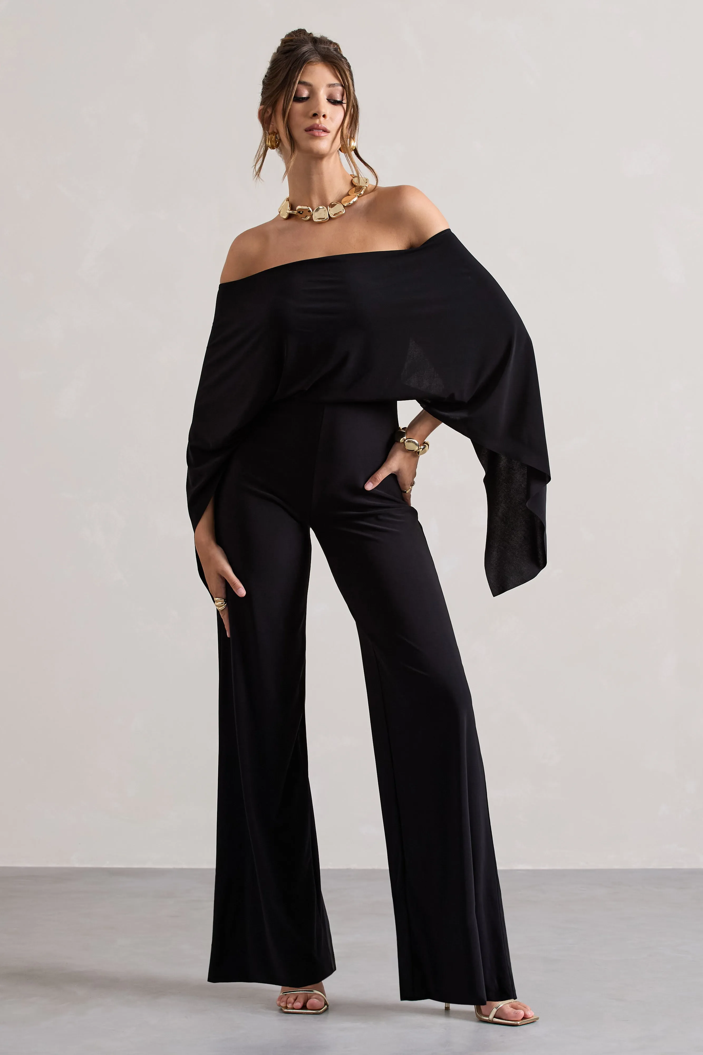 Kori | Black Bardot Wide-Leg Jumpsuit With Cape Club L London