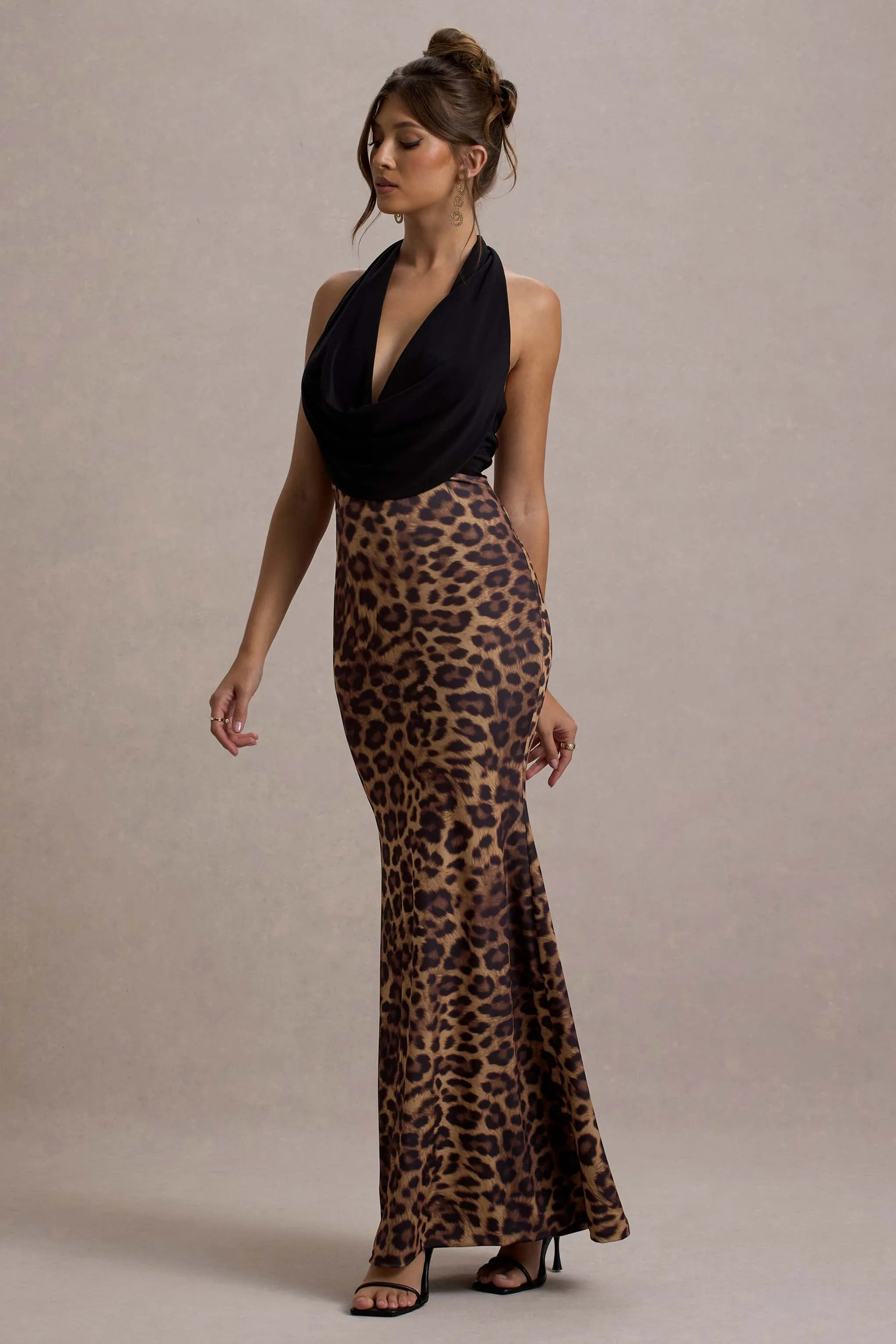 Krystal | Animal Print Deep Plunge-Neck Maxi Dress Club L London
