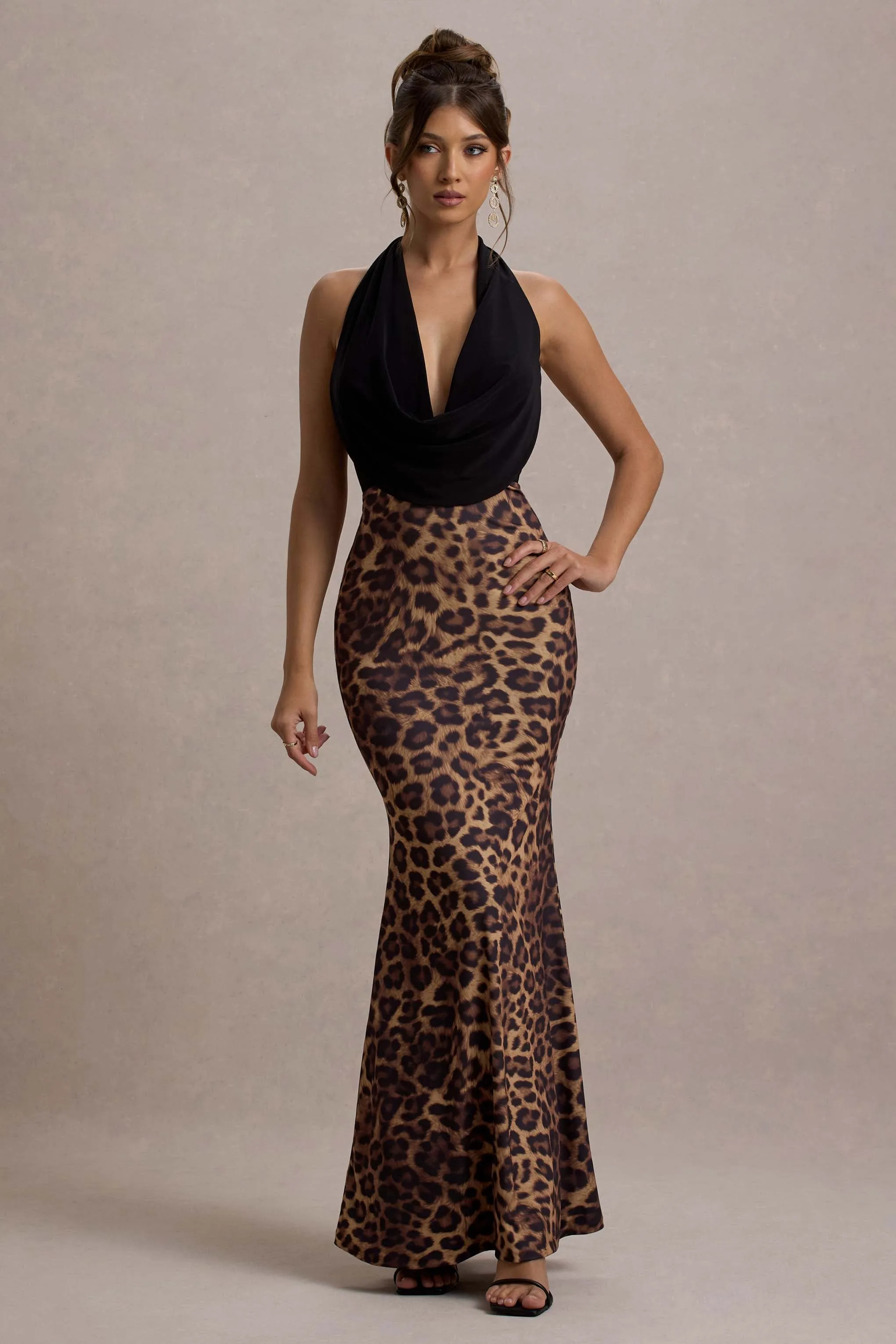 Krystal | Animal Print Deep Plunge-Neck Maxi Dress Club L London