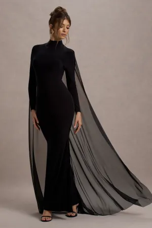 La Nuit | Black High-Neck Long-Sleeve Maxi Dress With Cape Club L London