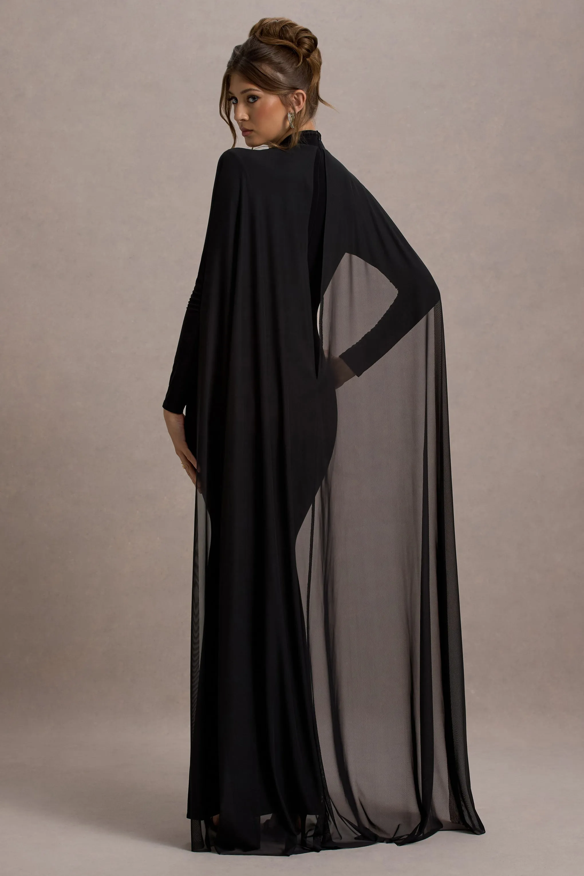 La Nuit | Black High-Neck Long-Sleeve Maxi Dress With Cape Club L London