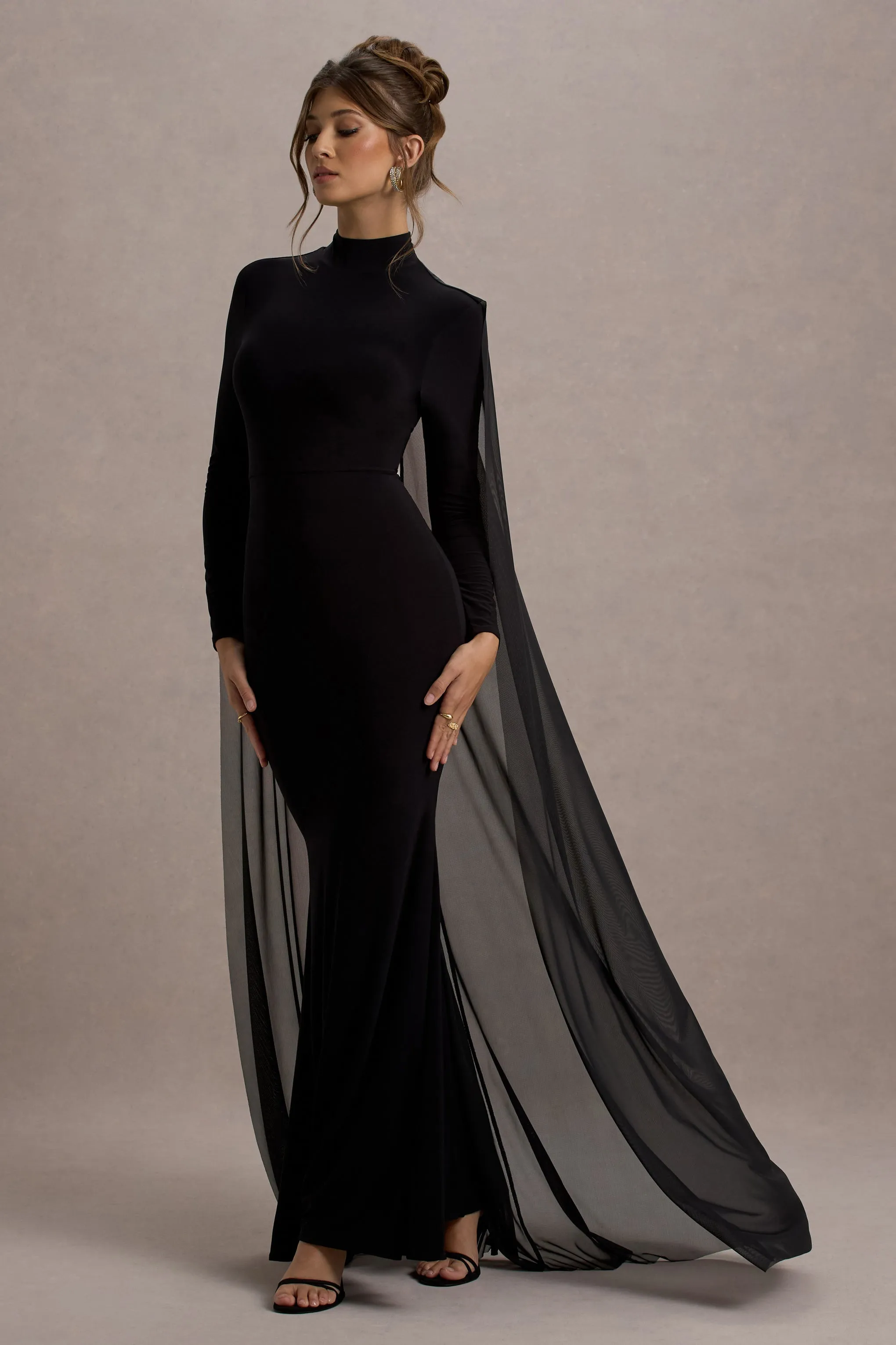 La Nuit | Black High-Neck Long-Sleeve Maxi Dress With Cape Club L London