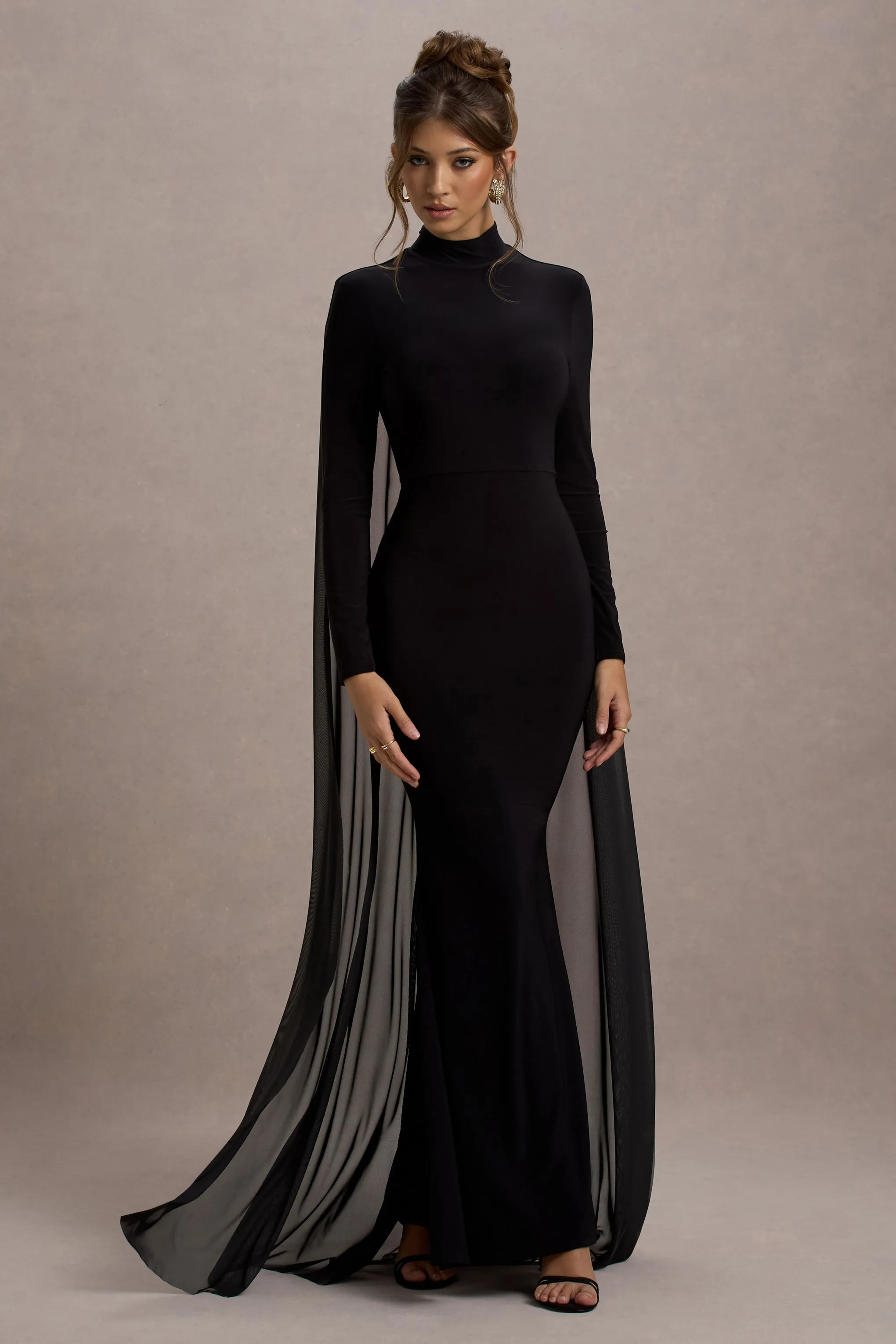 La Nuit | Black High-Neck Long-Sleeve Maxi Dress With Cape Club L London