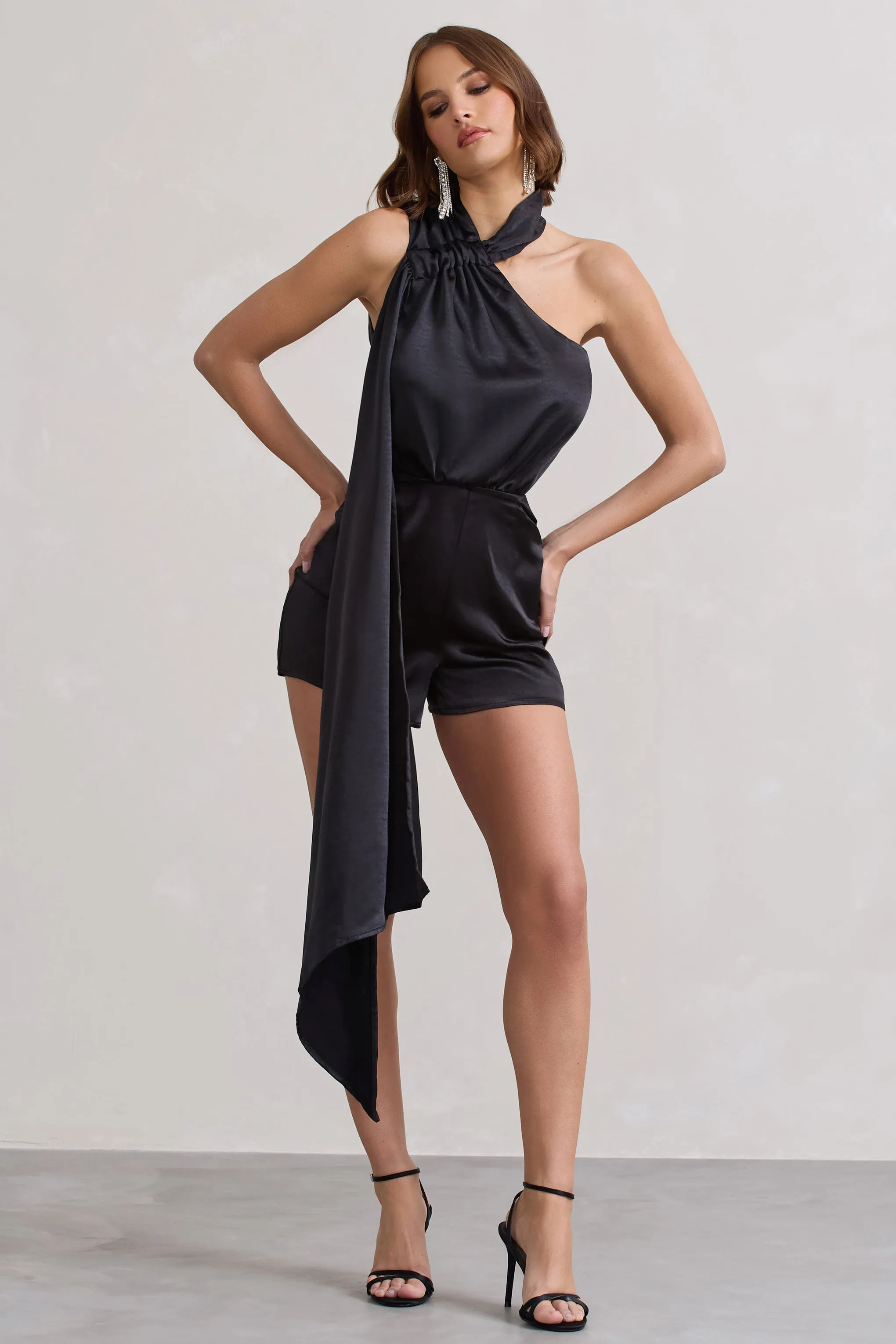 Ladies Day | Black Satin Scarf Detail Playsuit Club L London