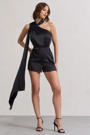 Ladies Day | Black Satin Scarf Detail Playsuit Club L London