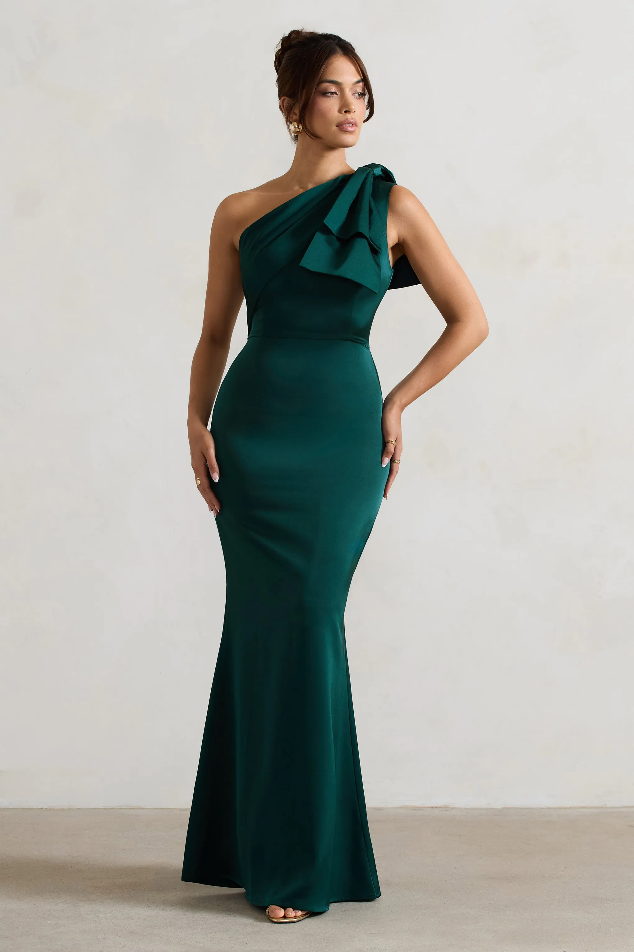 Lady | Bottle Green Satin One Shoulder Maxi Dress With Bow Club L London