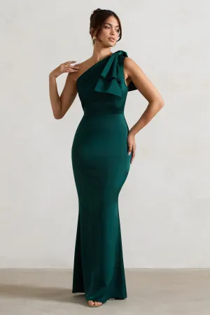 Lady | Bottle Green Satin One Shoulder Maxi Dress With Bow Club L London