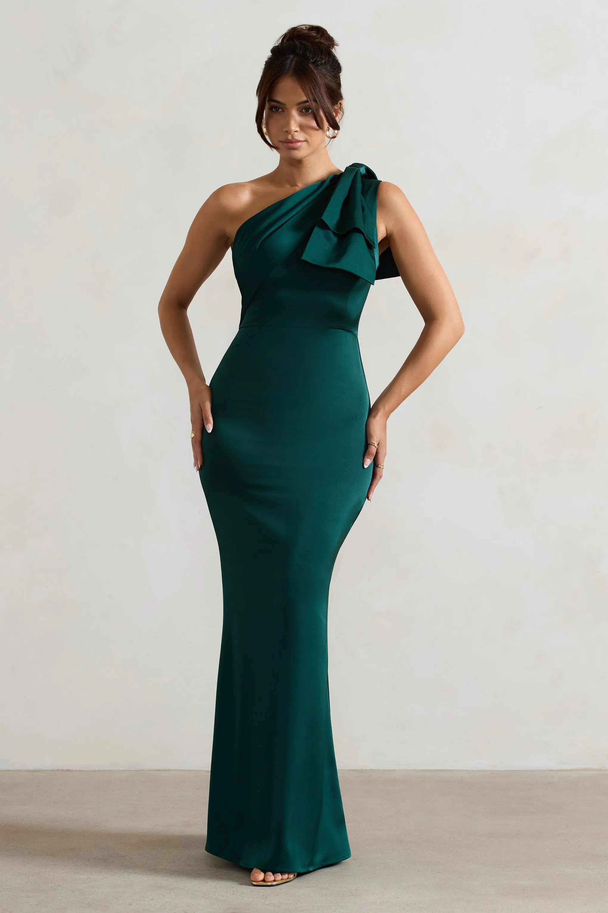Lady | Bottle Green Satin One Shoulder Maxi Dress With Bow Club L London
