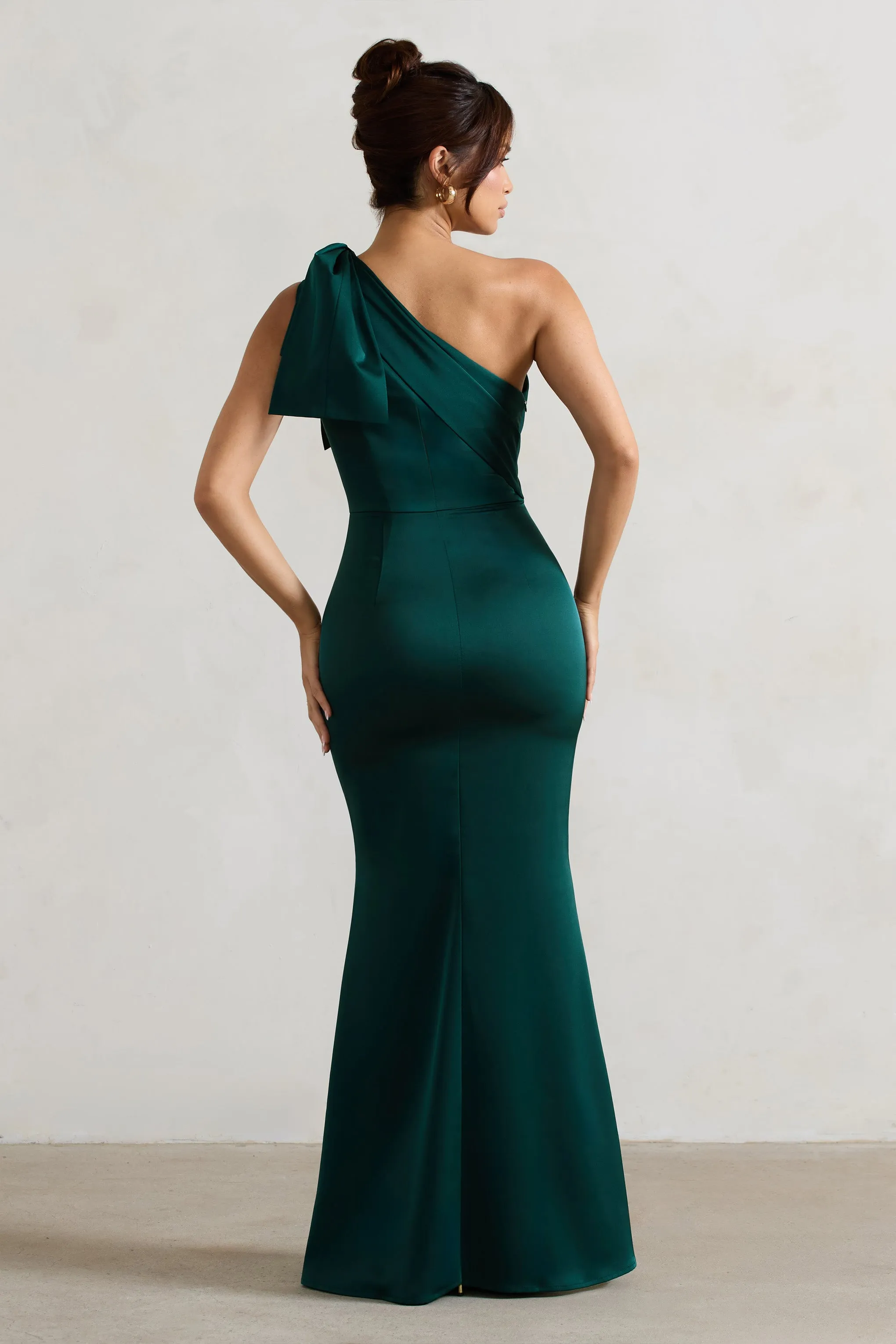 Lady | Bottle Green Satin One Shoulder Maxi Dress With Bow Club L London