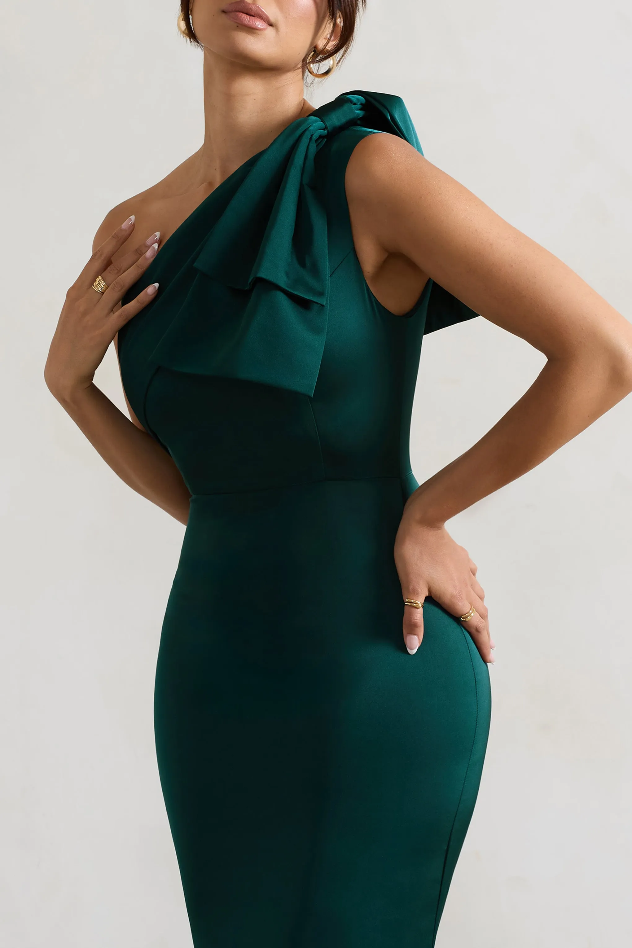 Lady | Bottle Green Satin One Shoulder Maxi Dress With Bow Club L London
