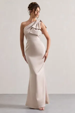 Lady | Champagne Satin One Shoulder Maxi Dress With Bow Club L London