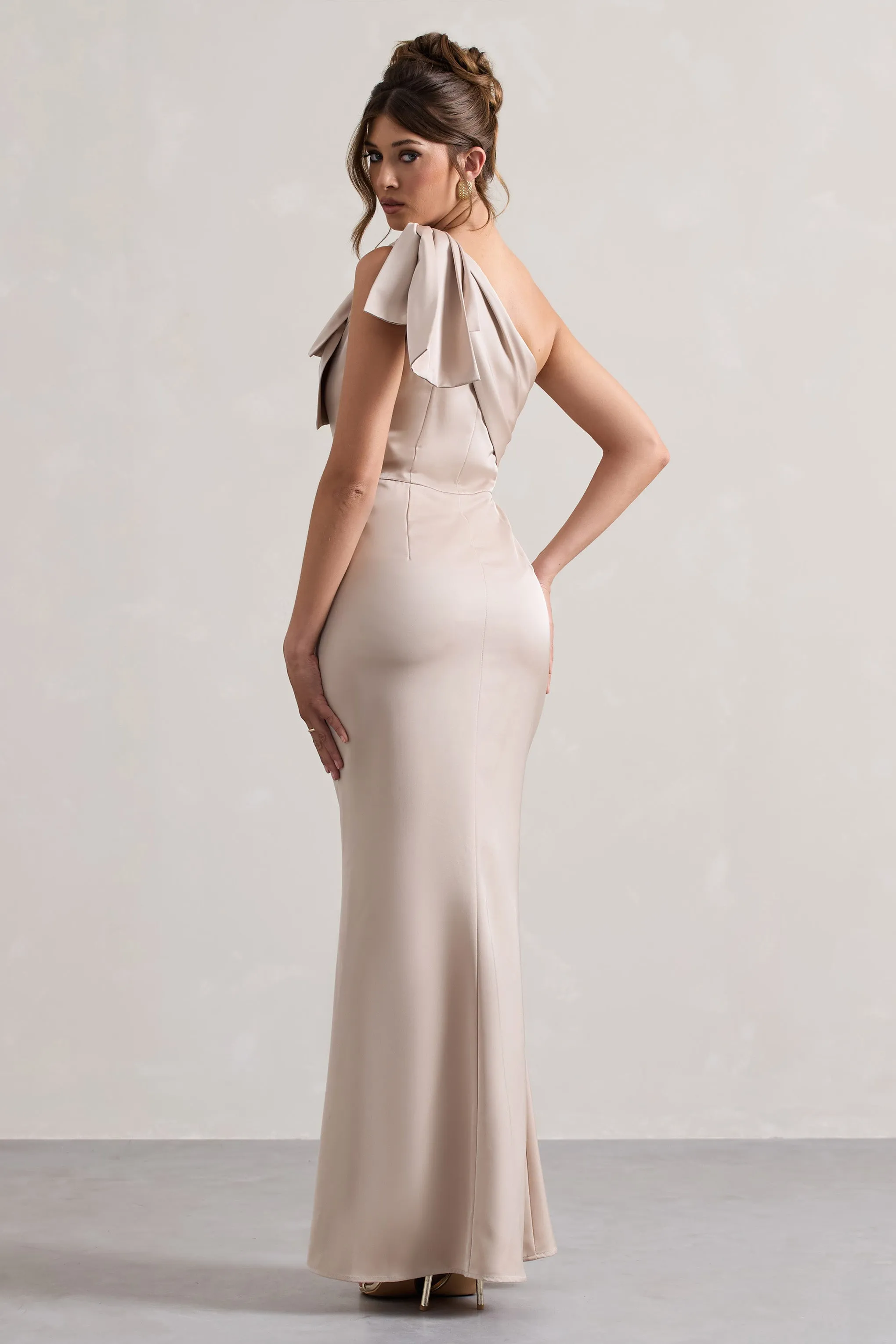 Lady | Champagne Satin One Shoulder Maxi Dress With Bow Club L London