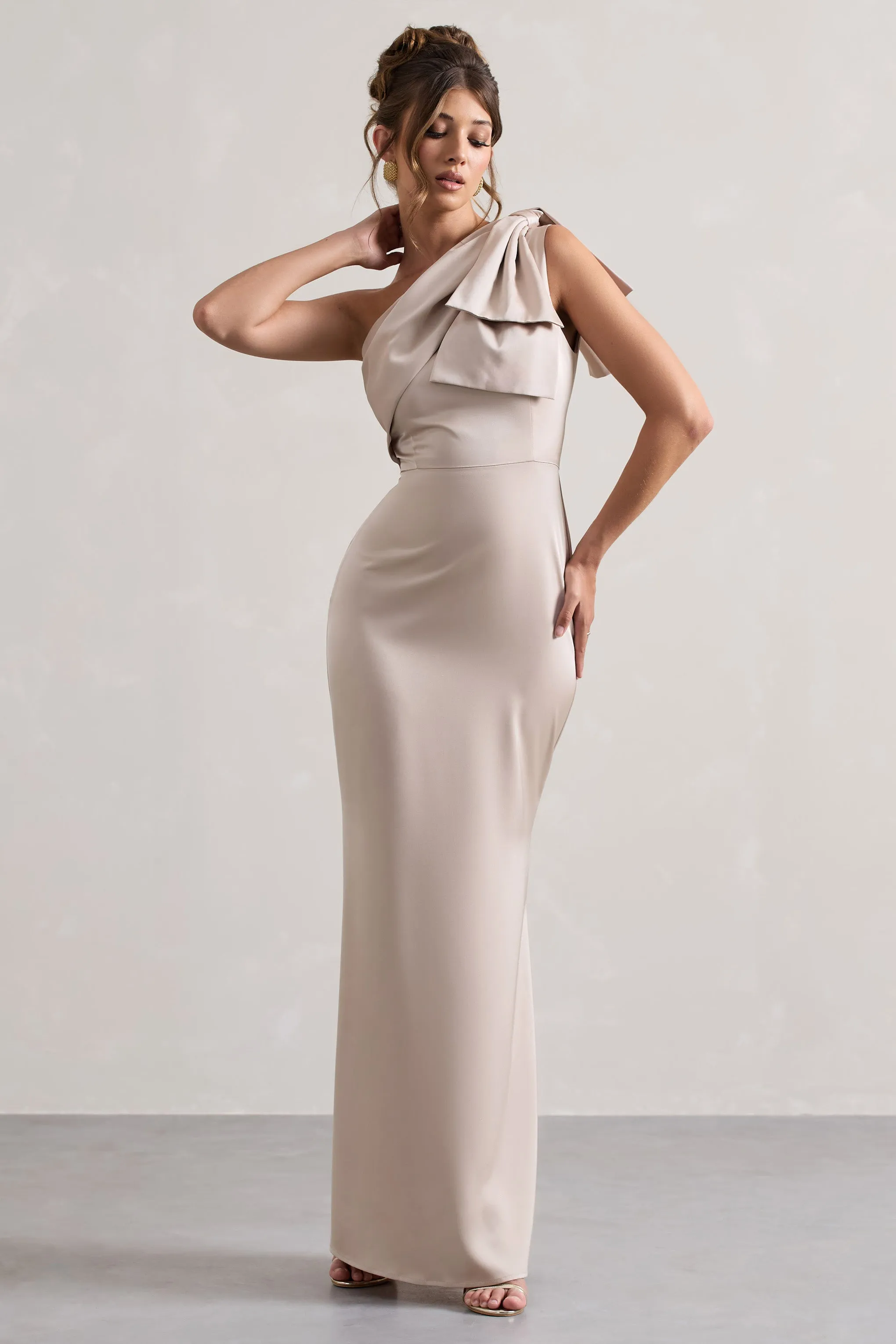 Lady | Champagne Satin One Shoulder Maxi Dress With Bow Club L London