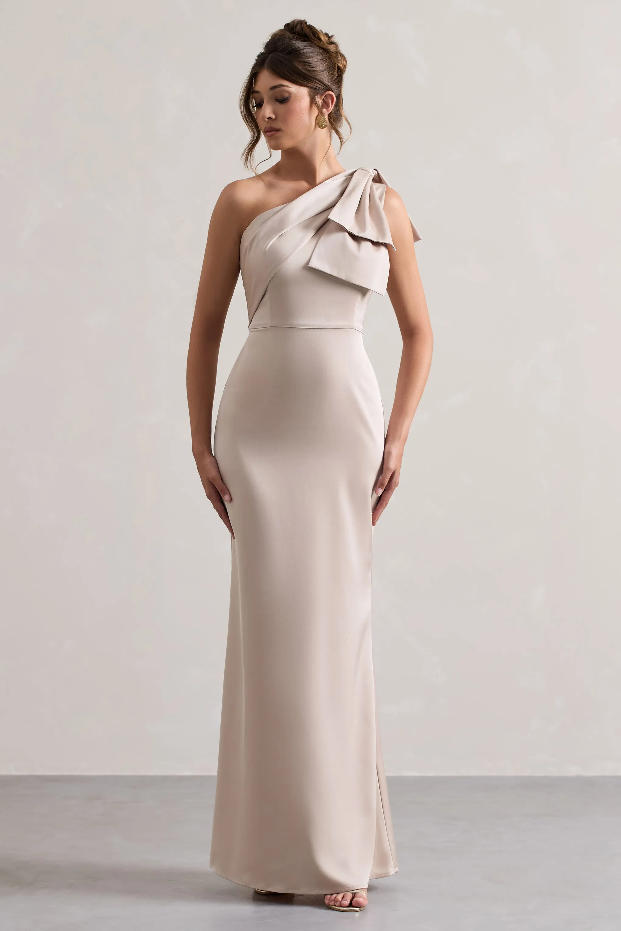 Lady | Champagne Satin One Shoulder Maxi Dress With Bow Club L London
