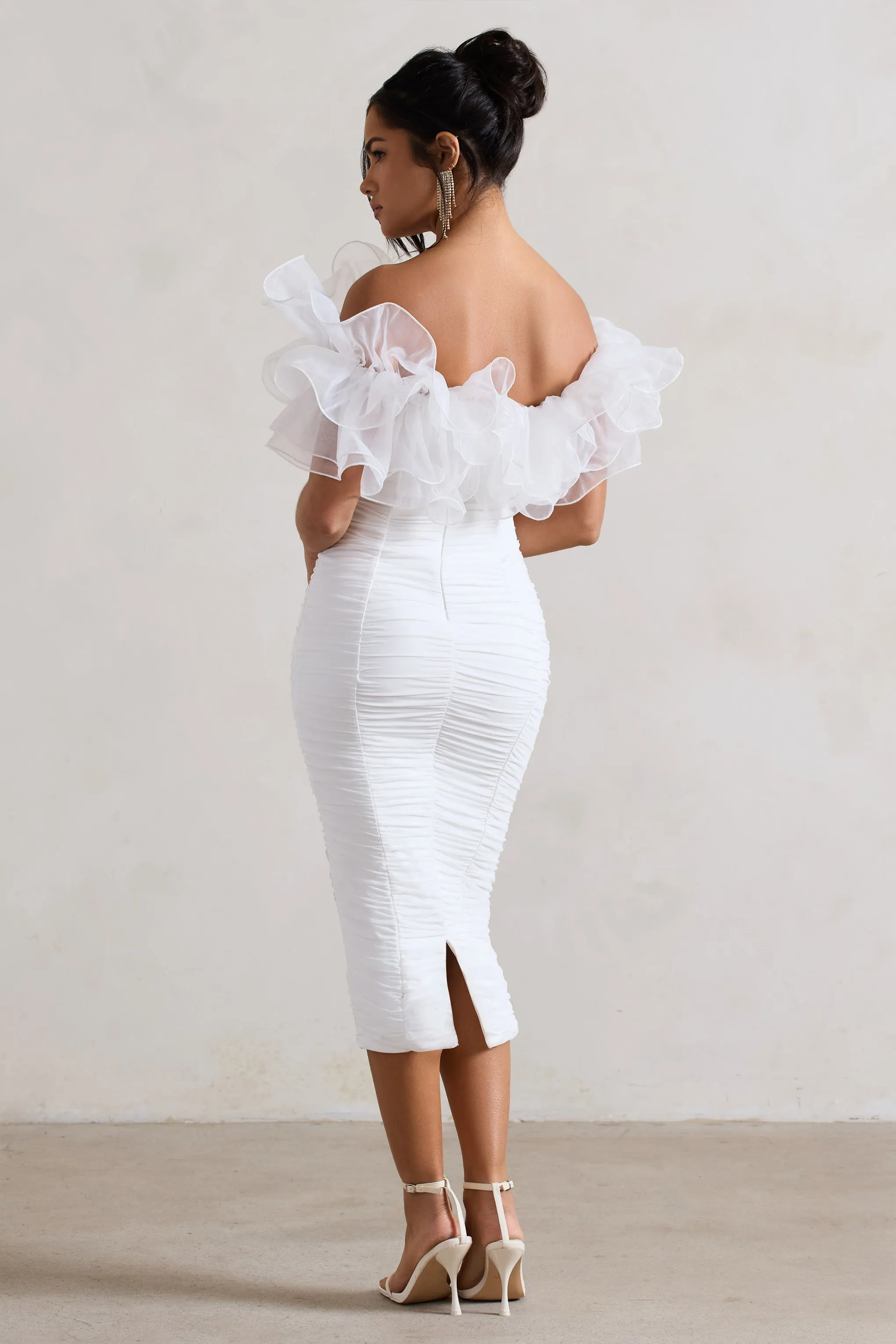 Ladylike | White Ruched Bardot Midi Dress With Organza Trim Club L London