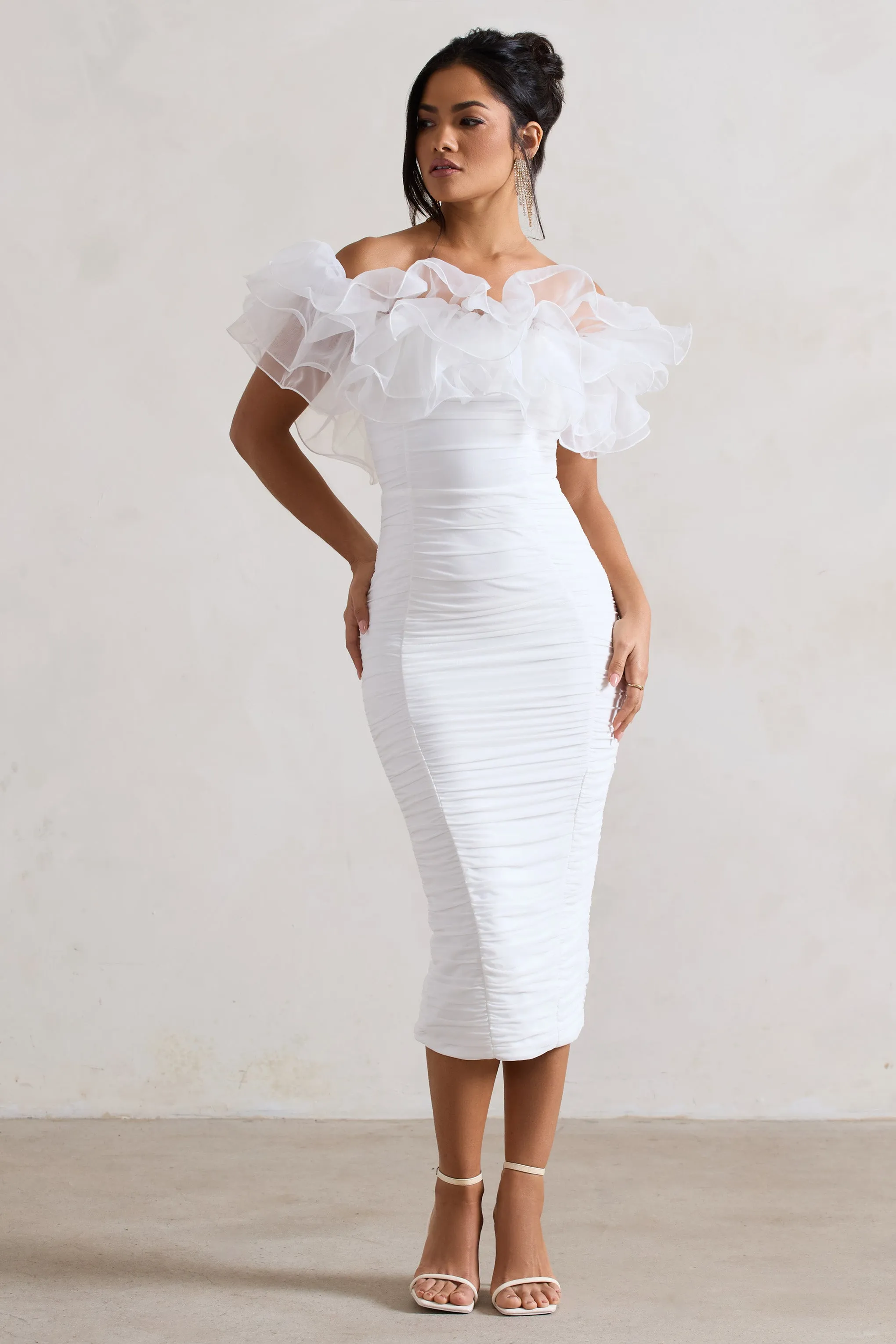 Ladylike | White Ruched Bardot Midi Dress With Organza Trim Club L London
