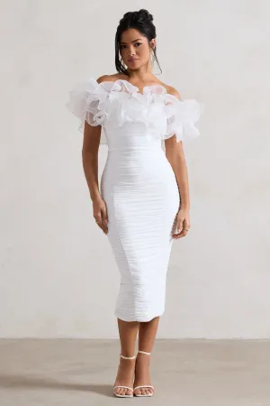 Ladylike | White Ruched Bardot Midi Dress With Organza Trim Club L London