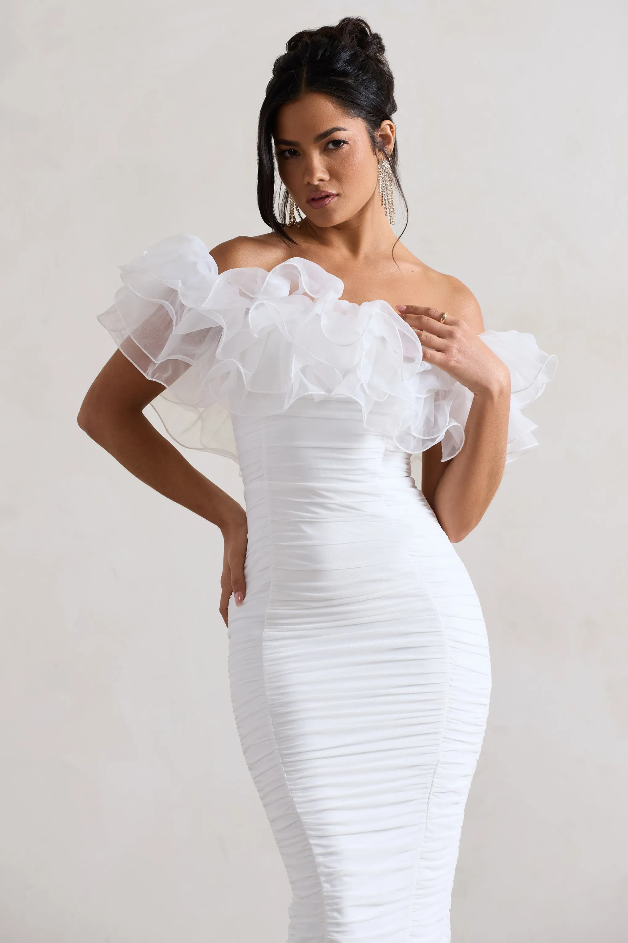Ladylike | White Ruched Bardot Midi Dress With Organza Trim Club L London