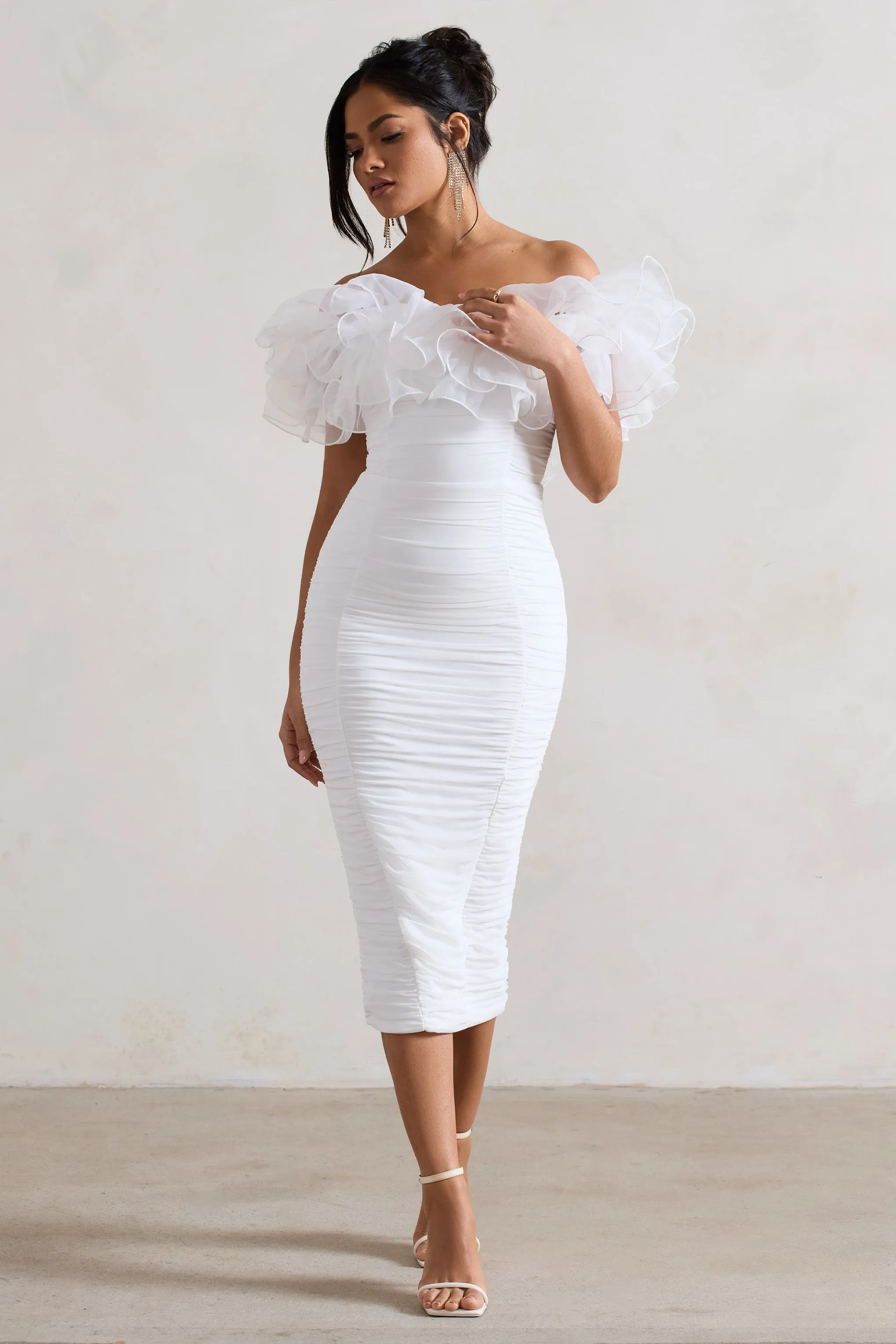 Ladylike | White Ruched Bardot Midi Dress With Organza Trim Club L London