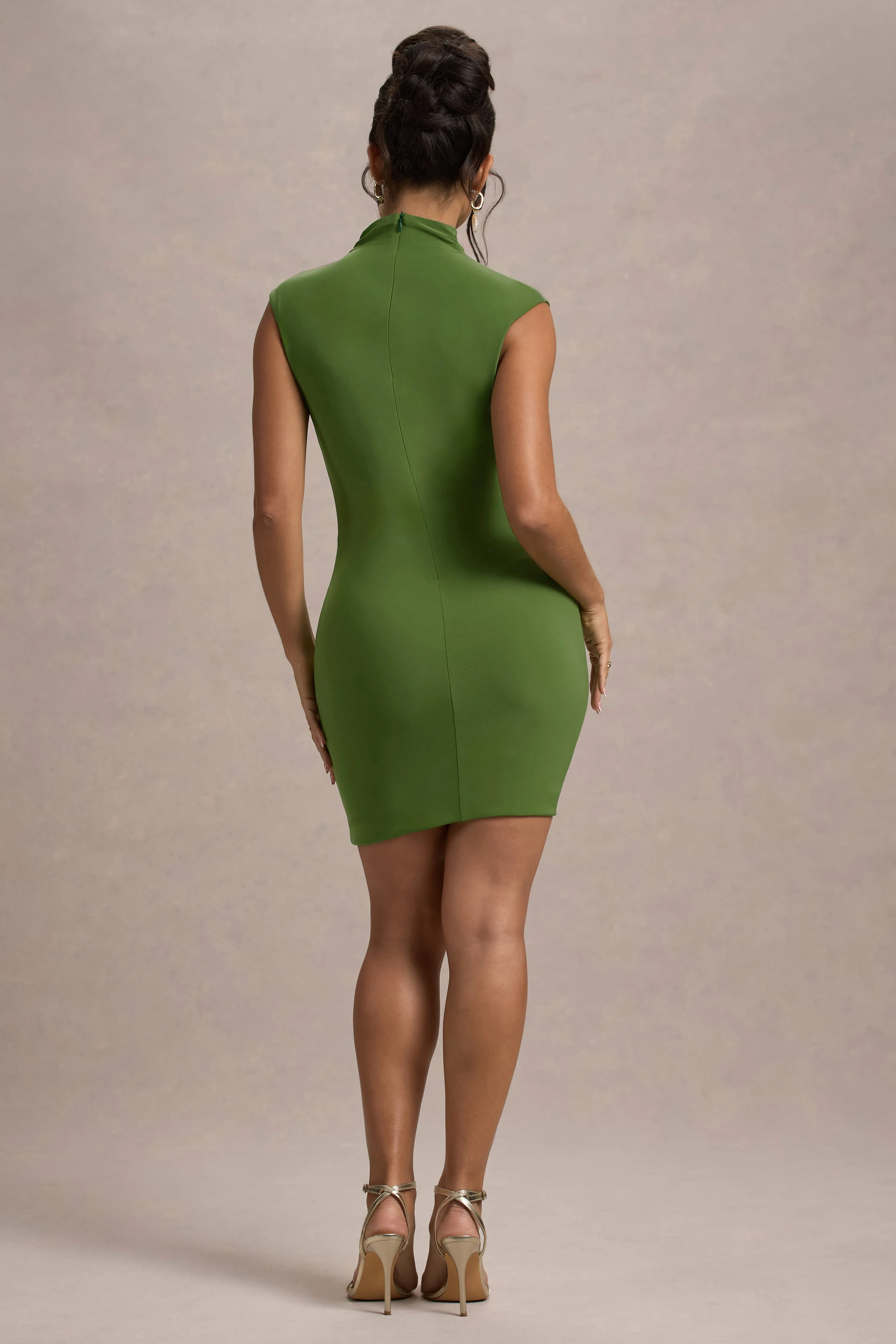 Lalani | Palm Green Ruched High-Neck Mini Dress Club L London