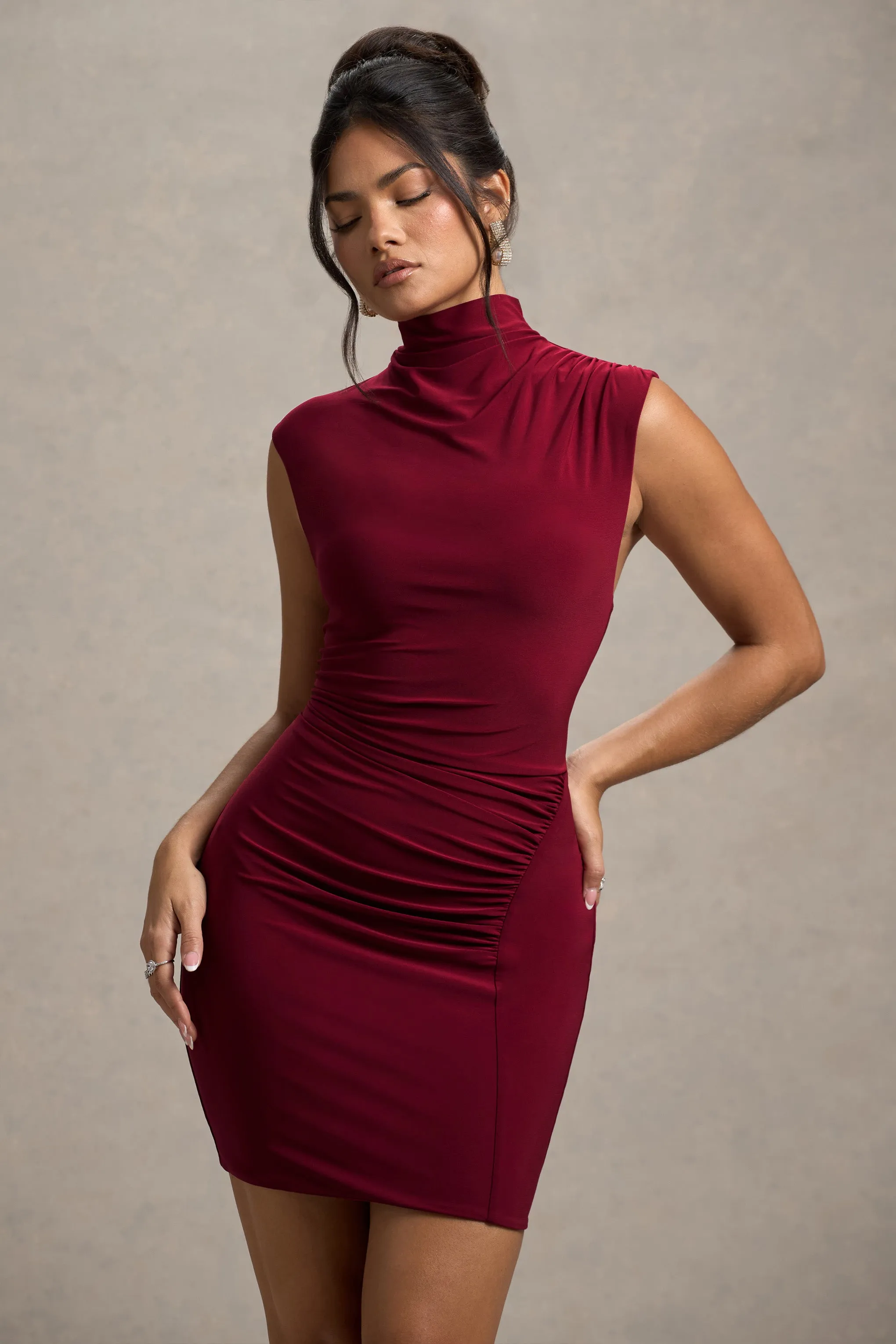 Lalani | Wine Ruched High-Neck Mini Dress Club L London