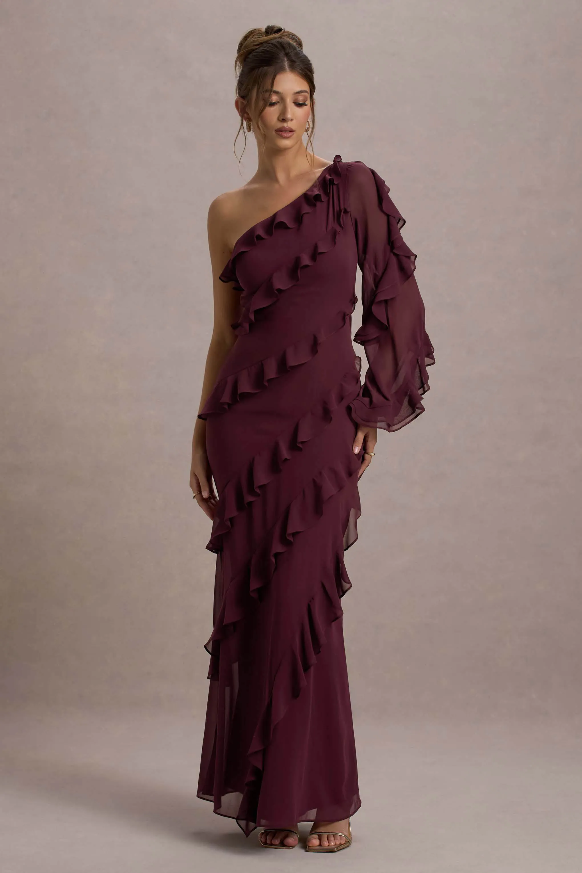 Lalika | Burgundy Asymmetric One-Sleeve Ruffle Maxi Dress Club L London