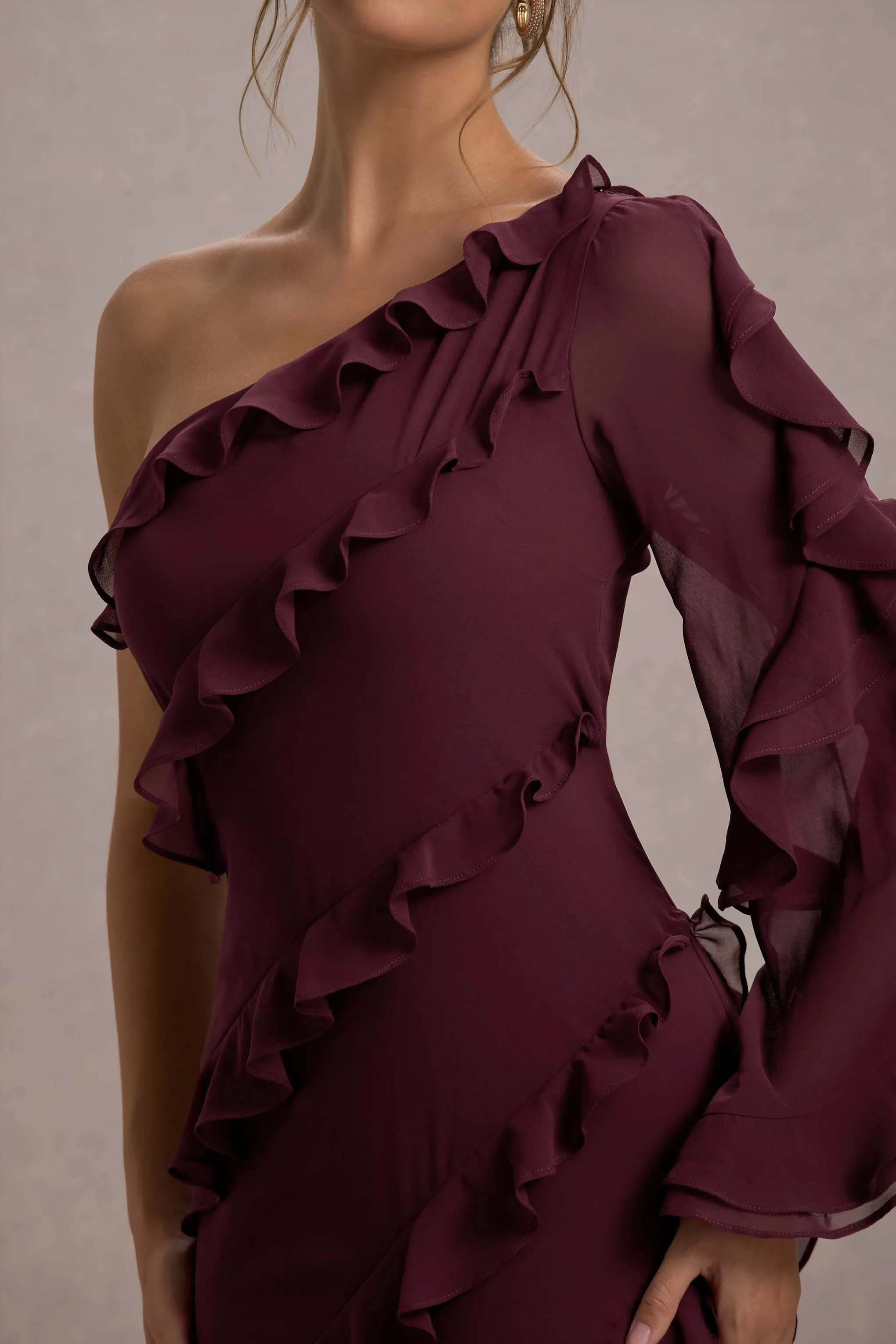 Lalika | Burgundy Asymmetric One-Sleeve Ruffle Maxi Dress Club L London