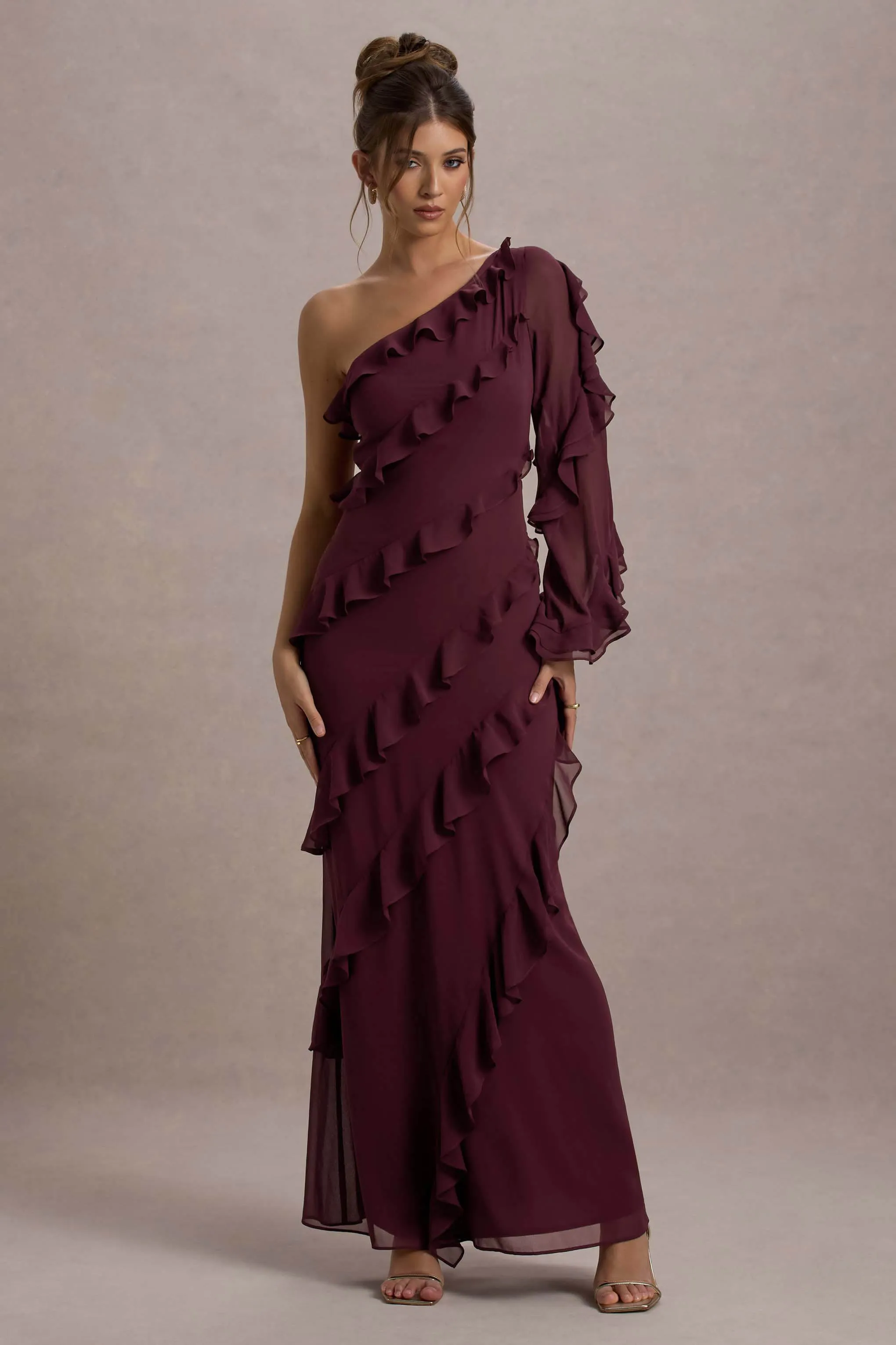 Lalika | Burgundy Asymmetric One-Sleeve Ruffle Maxi Dress Club L London