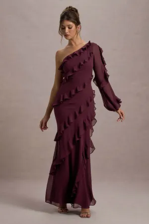 Lalika | Burgundy Asymmetric One-Sleeve Ruffle Maxi Dress Club L London