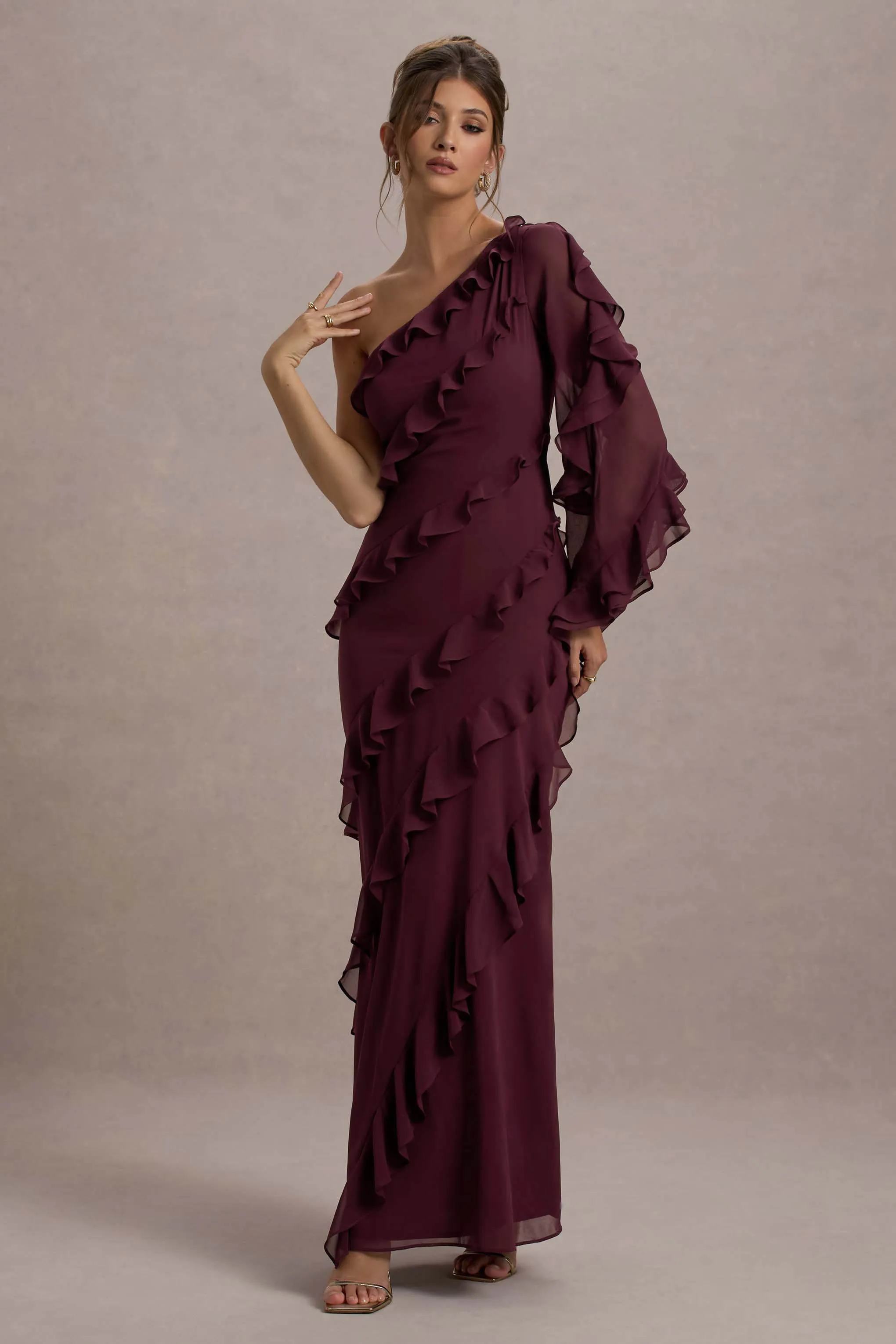 Lalika | Burgundy Asymmetric One-Sleeve Ruffle Maxi Dress Club L London