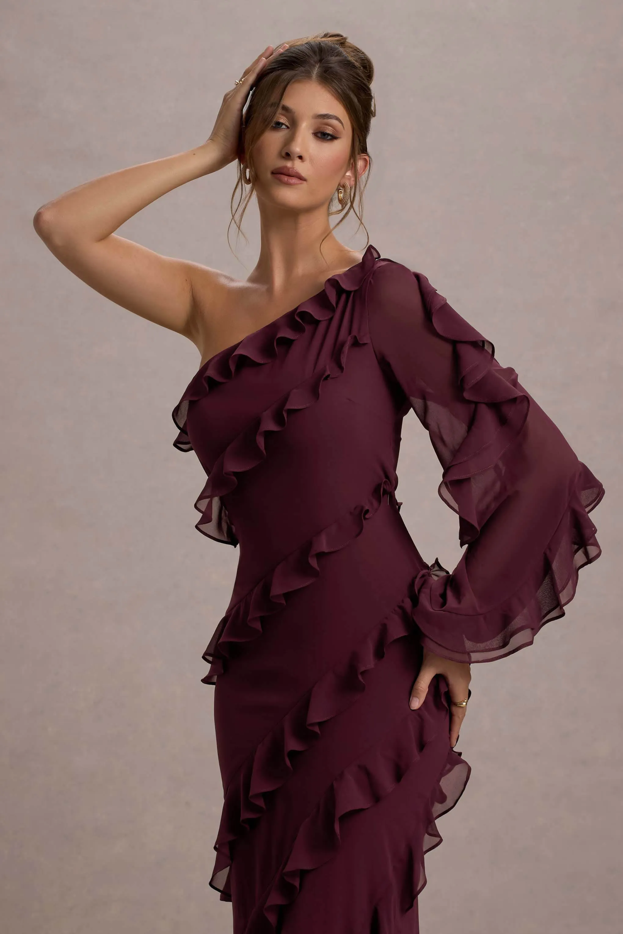 Lalika | Burgundy Asymmetric One-Sleeve Ruffle Maxi Dress Club L London