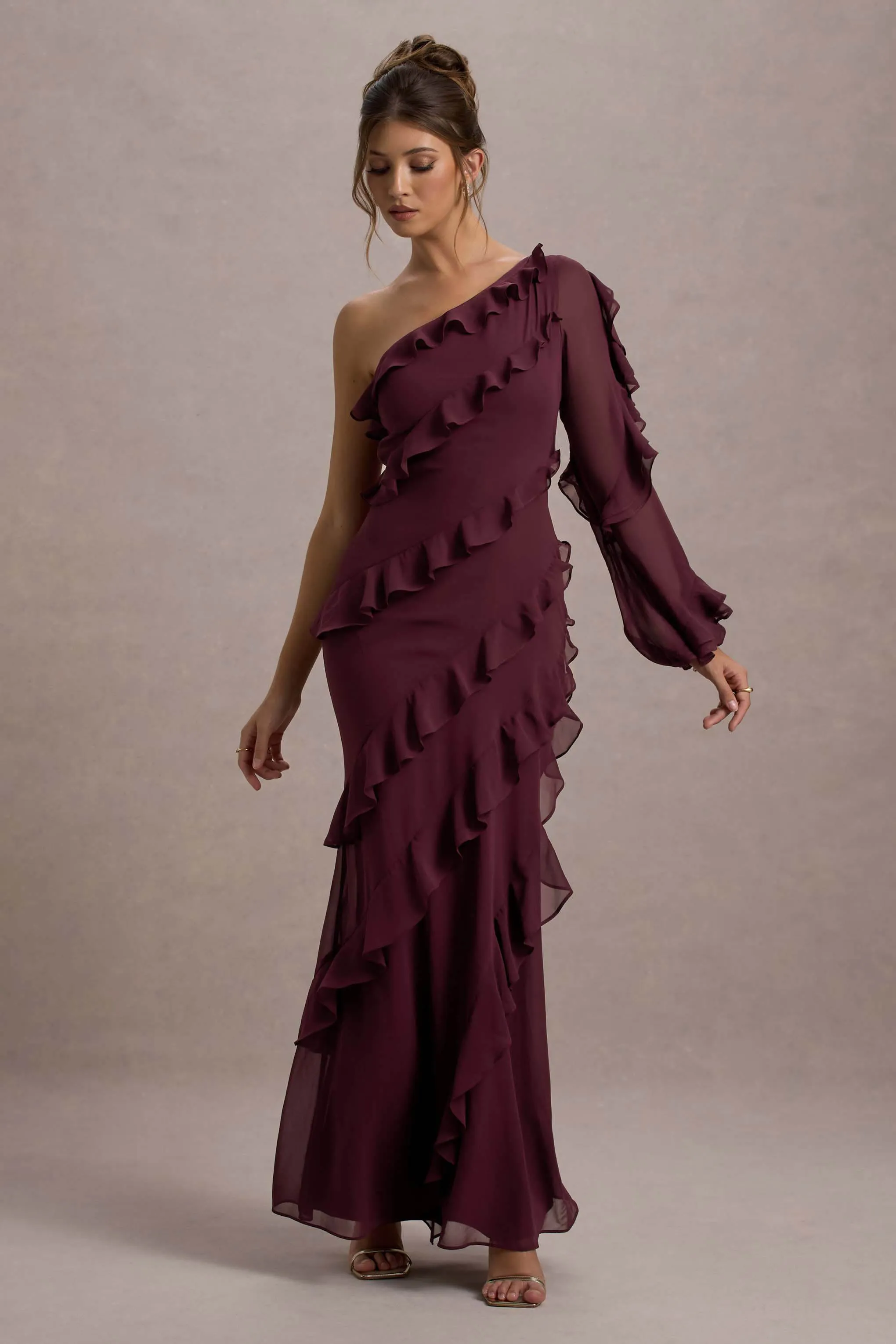 Lalika | Burgundy Asymmetric One-Sleeve Ruffle Maxi Dress Club L London