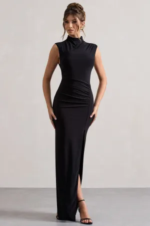Lanetta | Black Ruched High-Neck Maxi Dress With Split Club L London