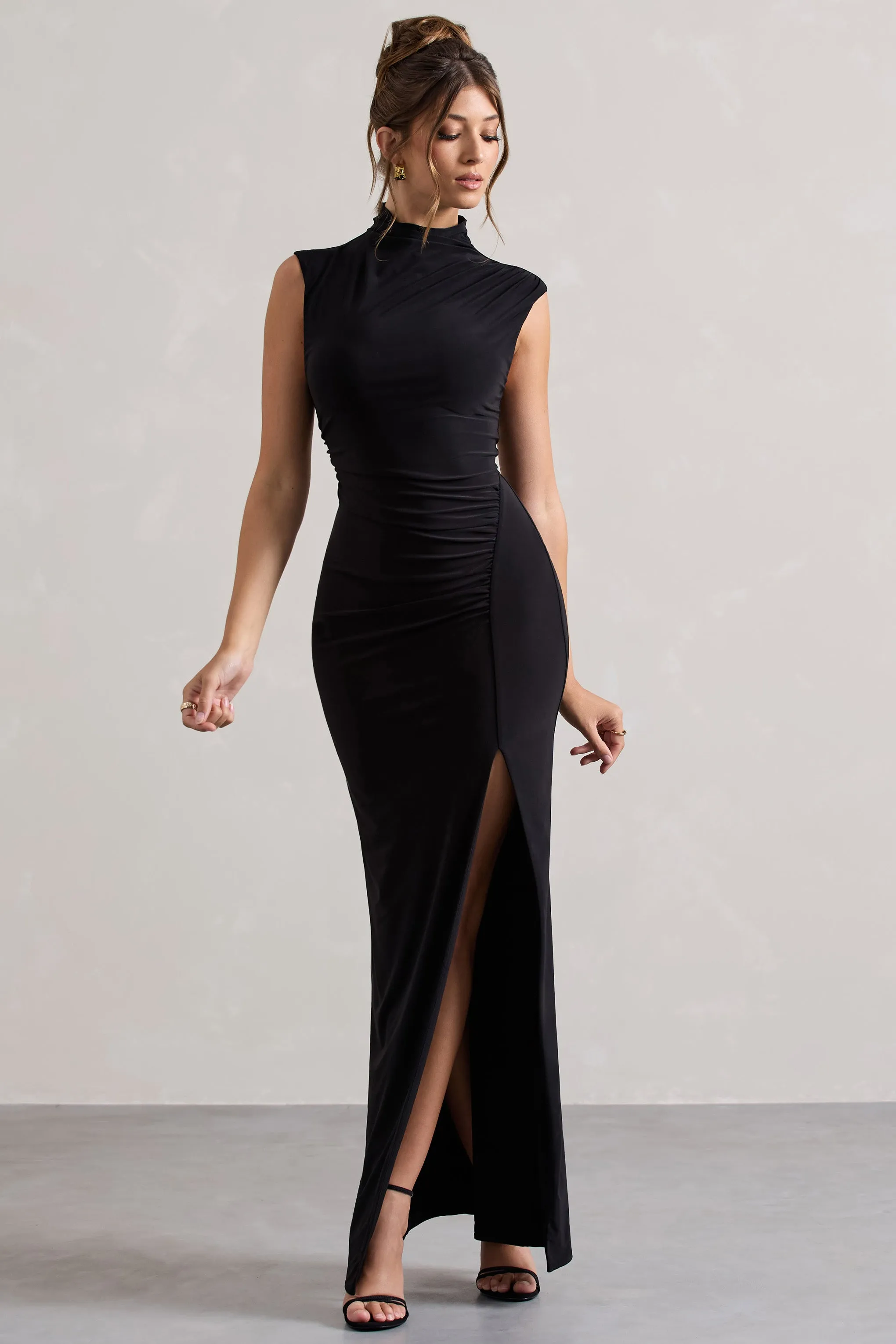 Lanetta | Black Ruched High-Neck Maxi Dress With Split Club L London