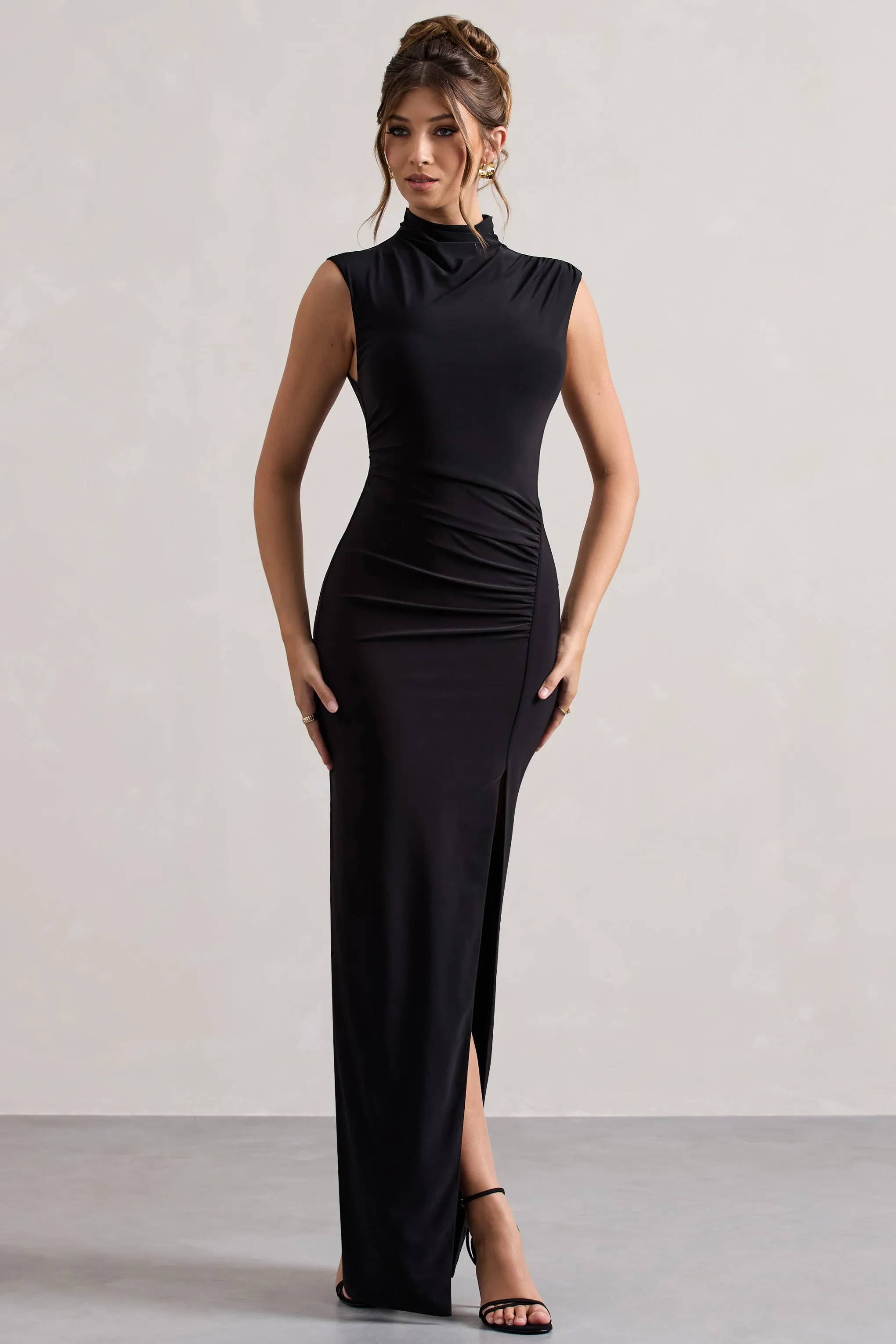Lanetta | Black Ruched High-Neck Maxi Dress With Split Club L London
